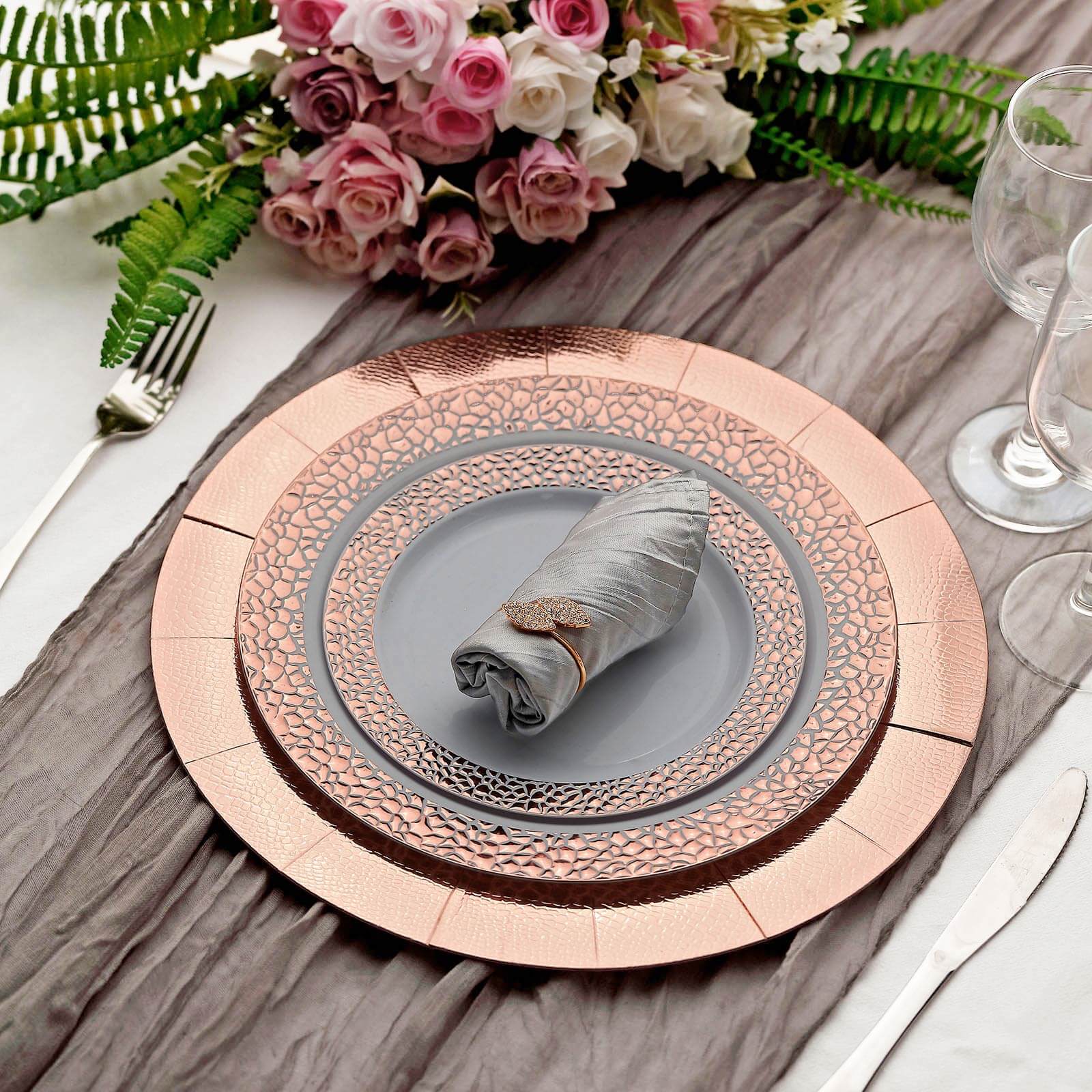 10-Pack Disposable Round Charger Plates in Rose Gold with Leathery Texture - Durable 1100GSM Cardboard Placemats 13"