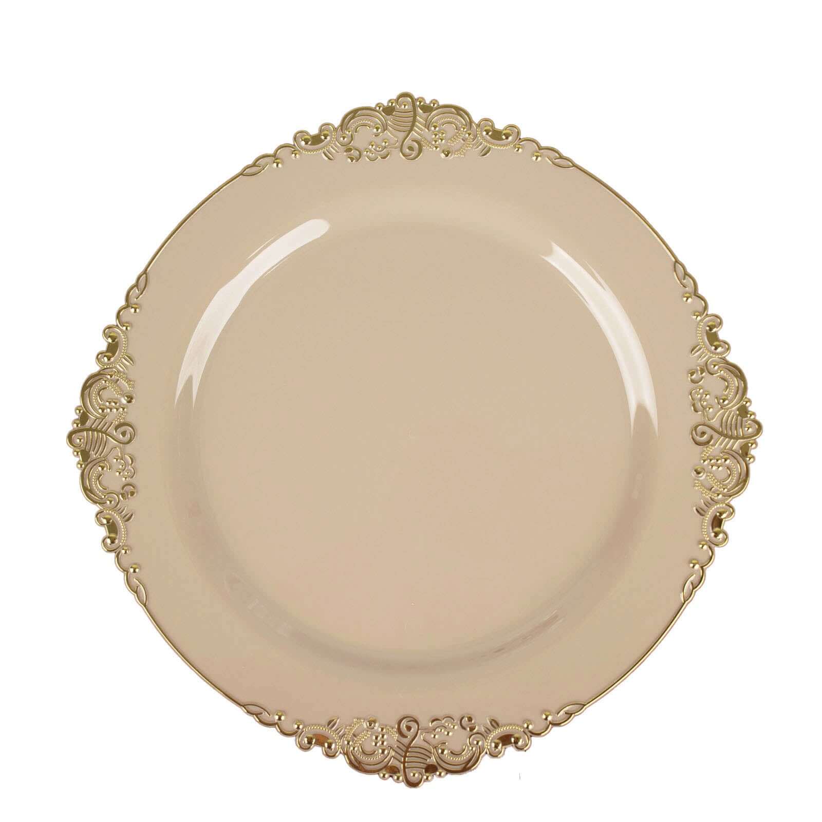 10-Pack Plastic 8" Round Dessert Plates in Taupe with Gold Leaf Embossed Rim - Disposable Vintage Baroque Style Salad Plates