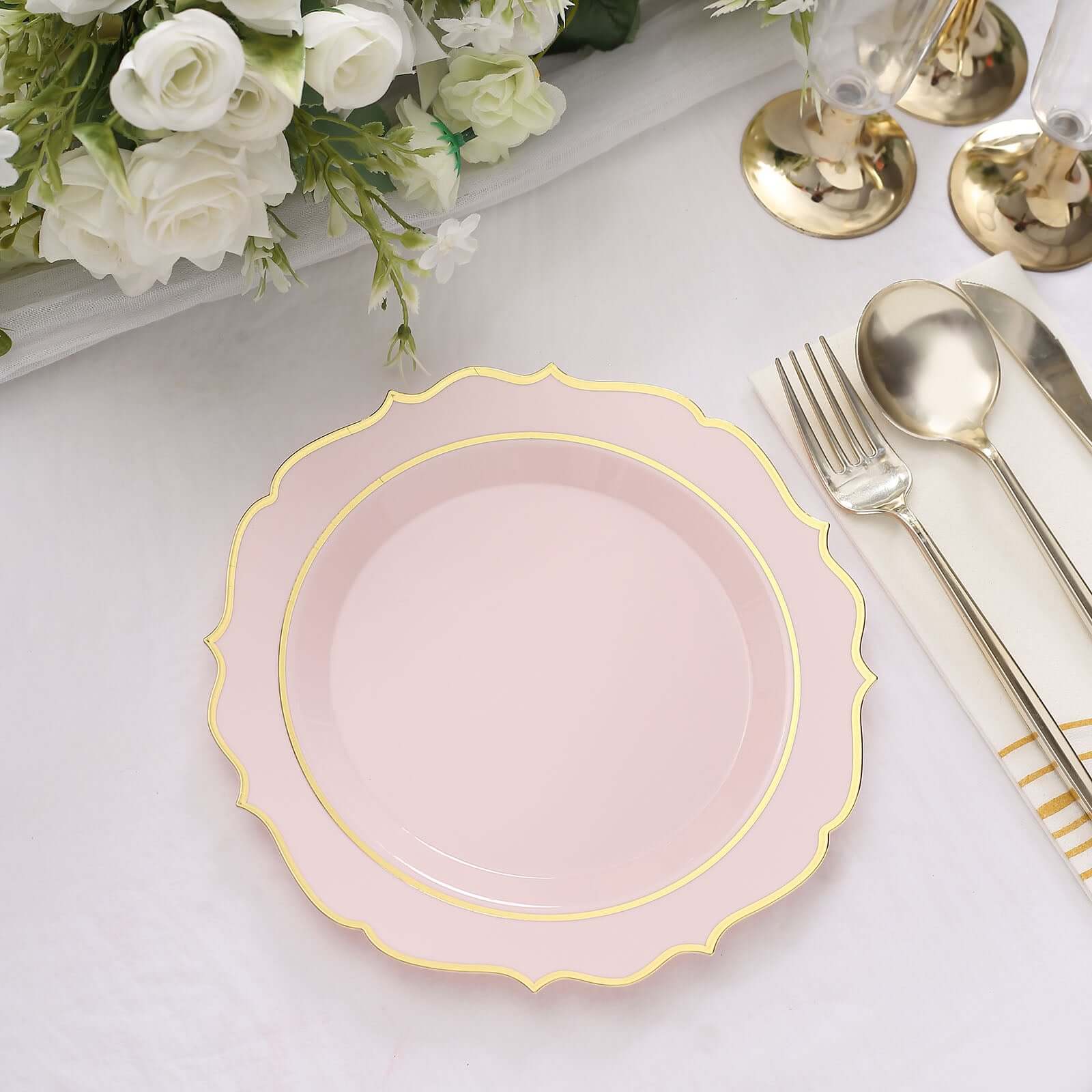 10-Pack Plastic 8" Round Dessert Plates in Blush with Gold Scalloped Rim - Disposable Appetizer/Salad Plates