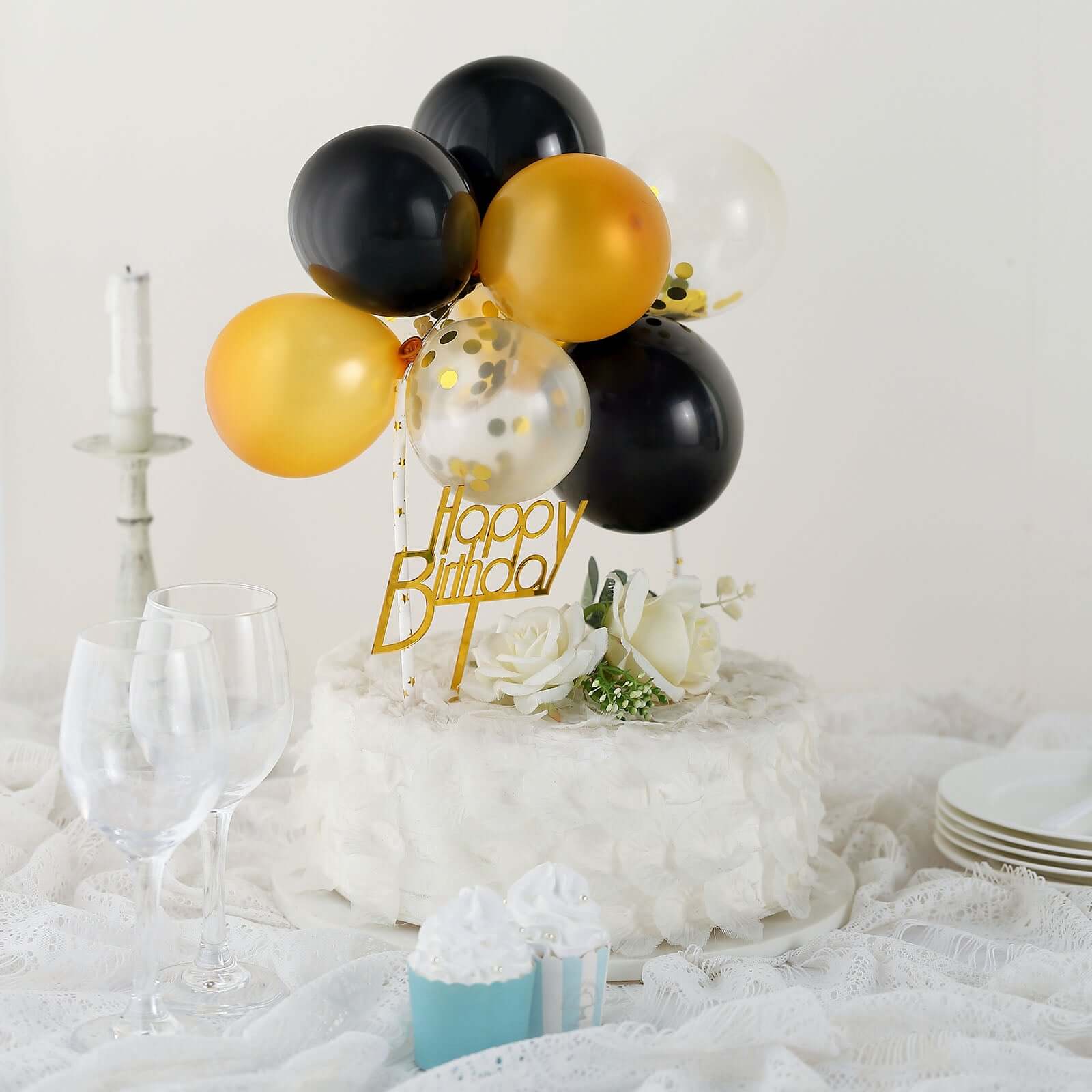 11 Pcs Balloon Cake Topper Black, Clear and Gold - Whimsical Clustered Mini Garland Cake Inserts DIY Party Decorations