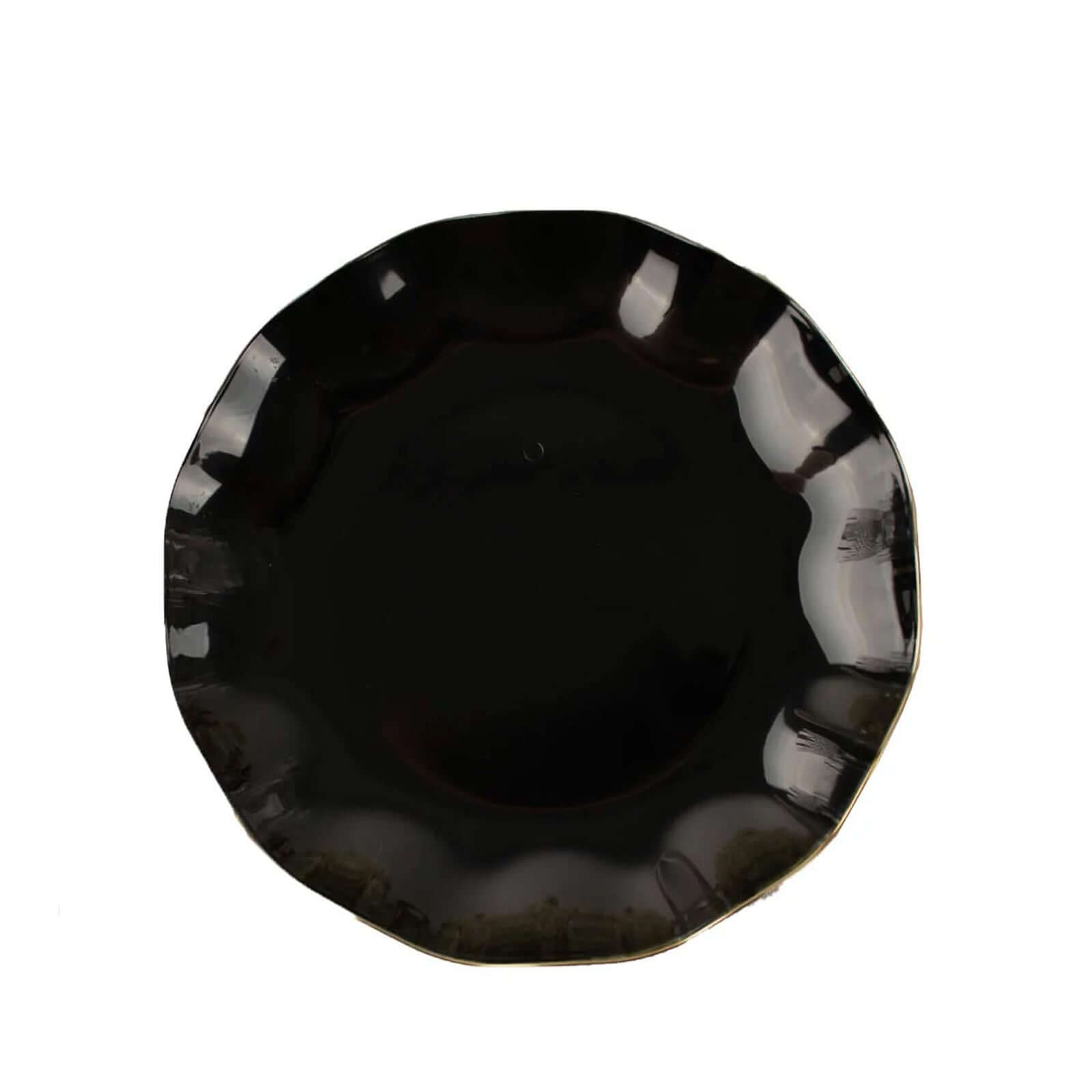 10-Pack Plastic Round 6" Dessert Plates in Black Ruffled Rim with Gold Edging - Sturdy Disposable Salad Appetizer Dinnerware