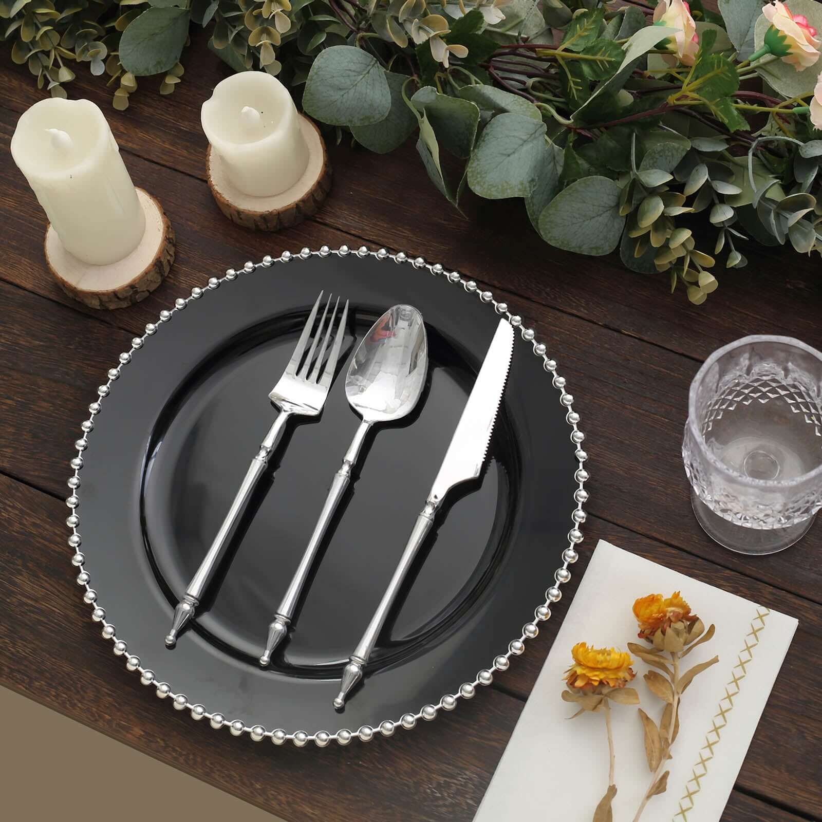 10-Pack Plastic 10" Round Dinner Plates in Black with Silver Beaded Rim - Disposable Party Plates for Banquets & Festive Occasions