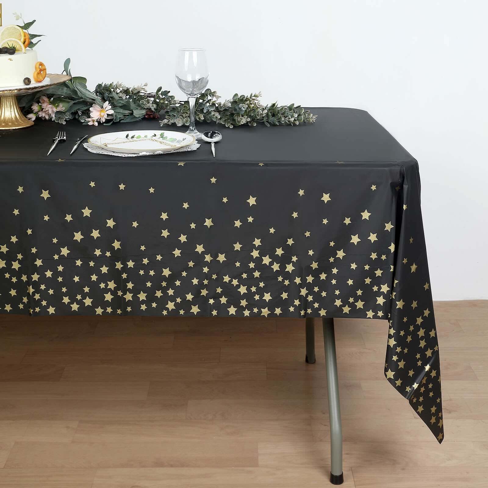 5-Pack Plastic Table Covers Black Rectangle with Gold Stars - Decorative PVC Disposable Tablecloths 54"x108"