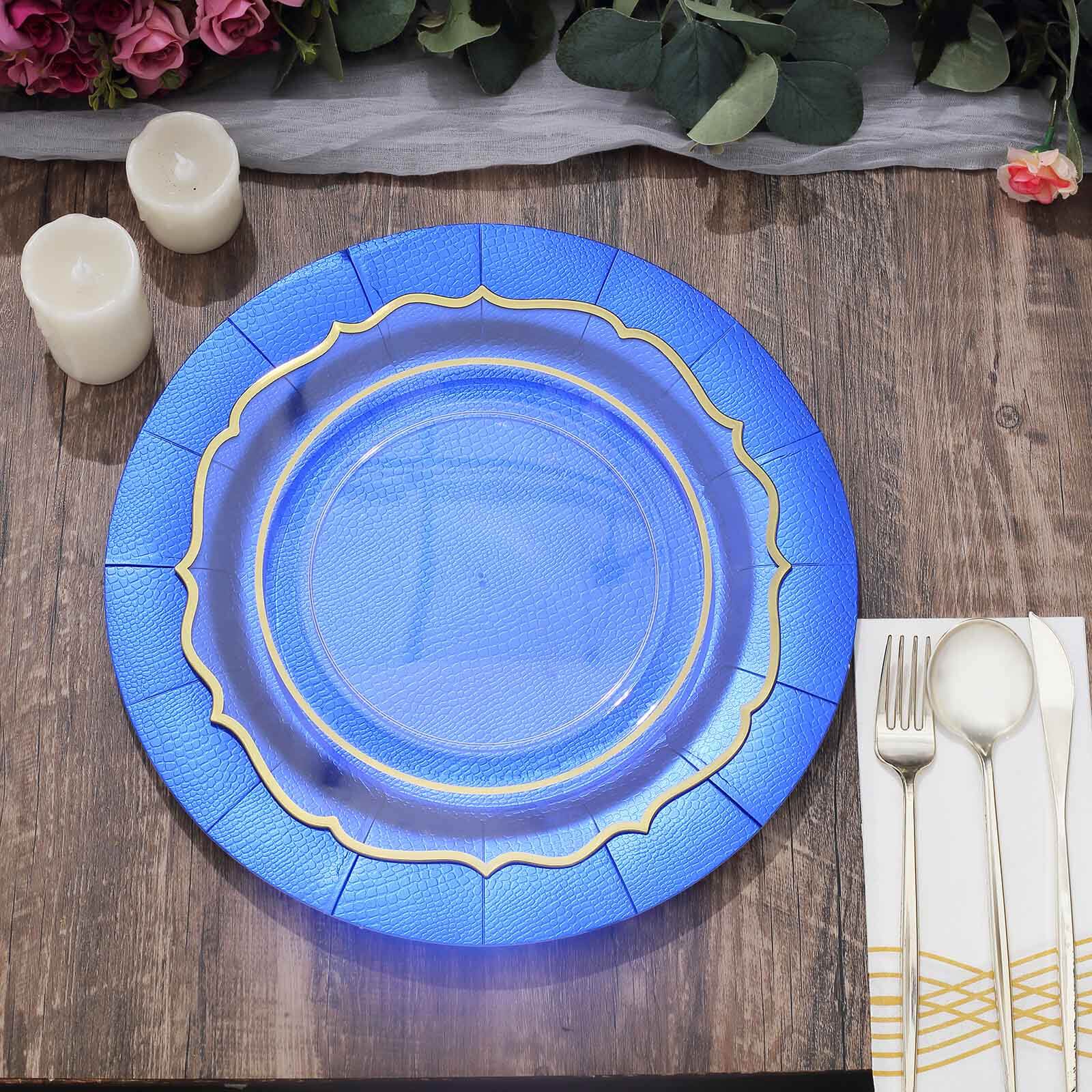 10-Pack Disposable Round Charger Plates in Royal Blue with Leathery Texture - Durable 1100GSM Cardboard Placemats 13"