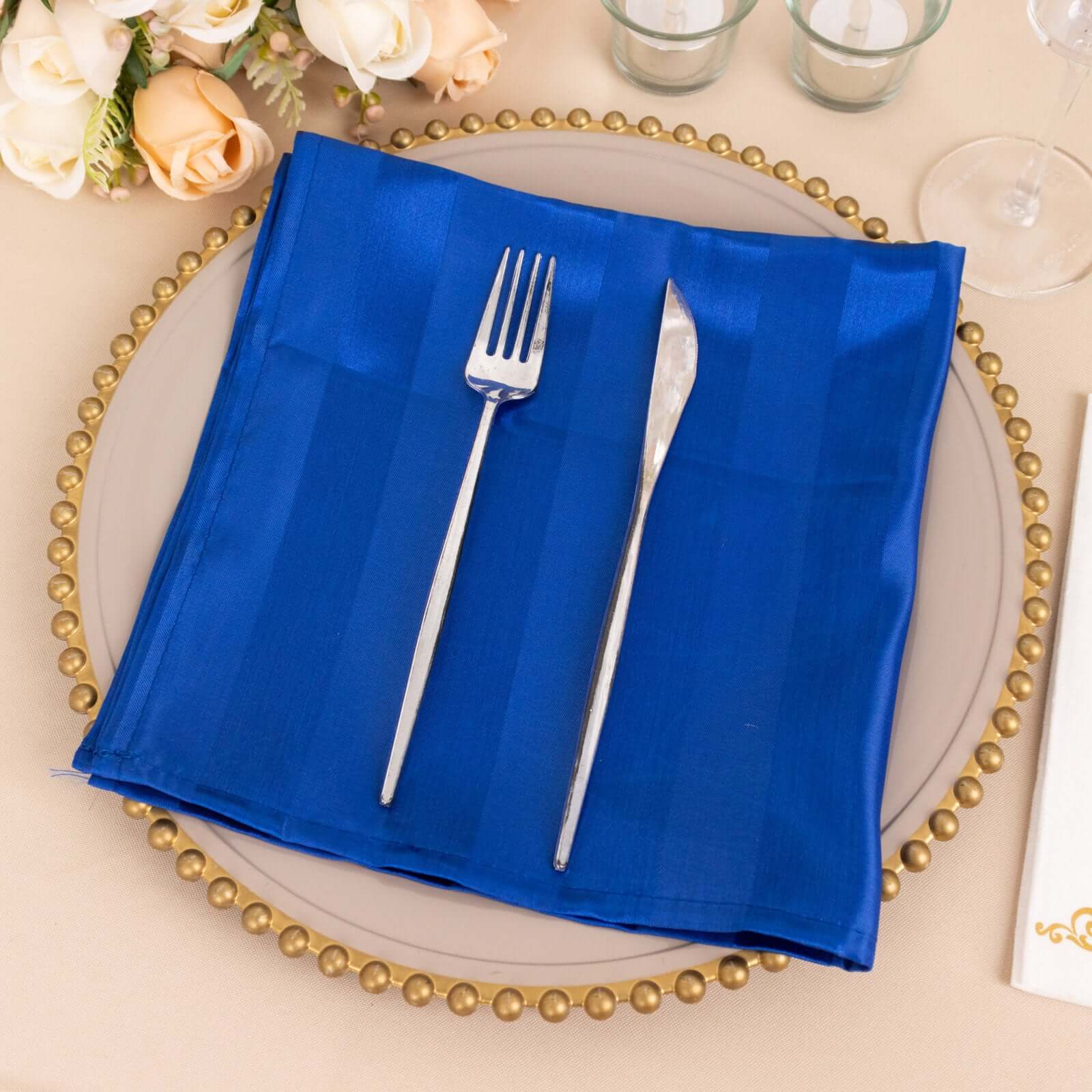 5 Pack Satin 20"x20" Napkins Royal Blue Glossy Stripes - Durable & Wrinkle-Free Cloth Napkins