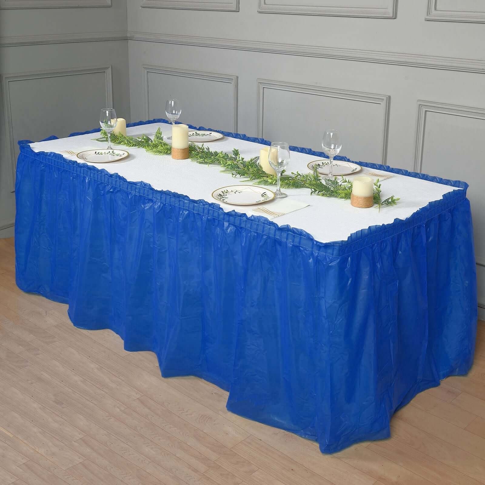 5 Pack Plastic Table Skirts Royal Blue Ruffled - Durable Disposable Skirts for Events 14ft