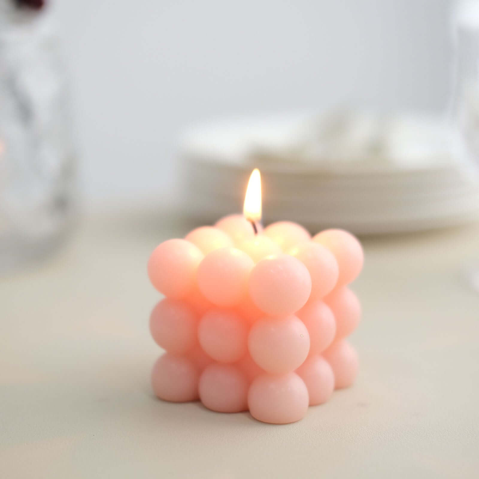 2-Pack Decorative Paraffin Wax Candles Bubble Cube Design Blush - Unscented Long Burning Pillar Candle Set 2"