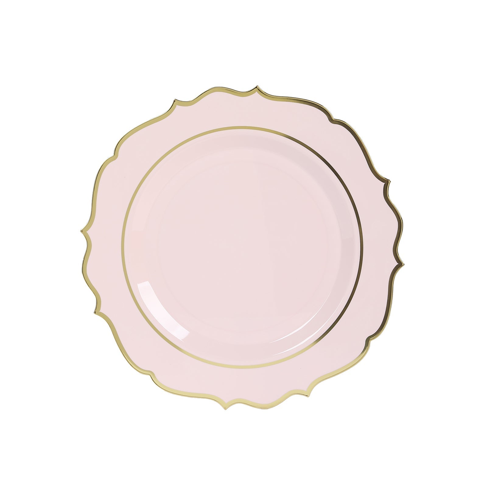 10-Pack Economy Plastic Round Charger Plates 13" in Blush with Gold Scalloped Rim, Decorative Dinner Party Serving Plates