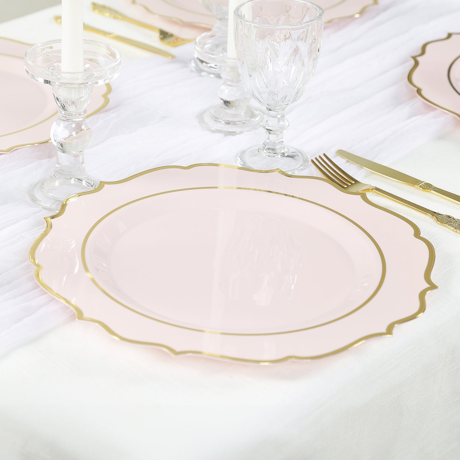 10-Pack Economy Plastic Round Charger Plates 13" in Blush with Gold Scalloped Rim, Decorative Dinner Party Serving Plates