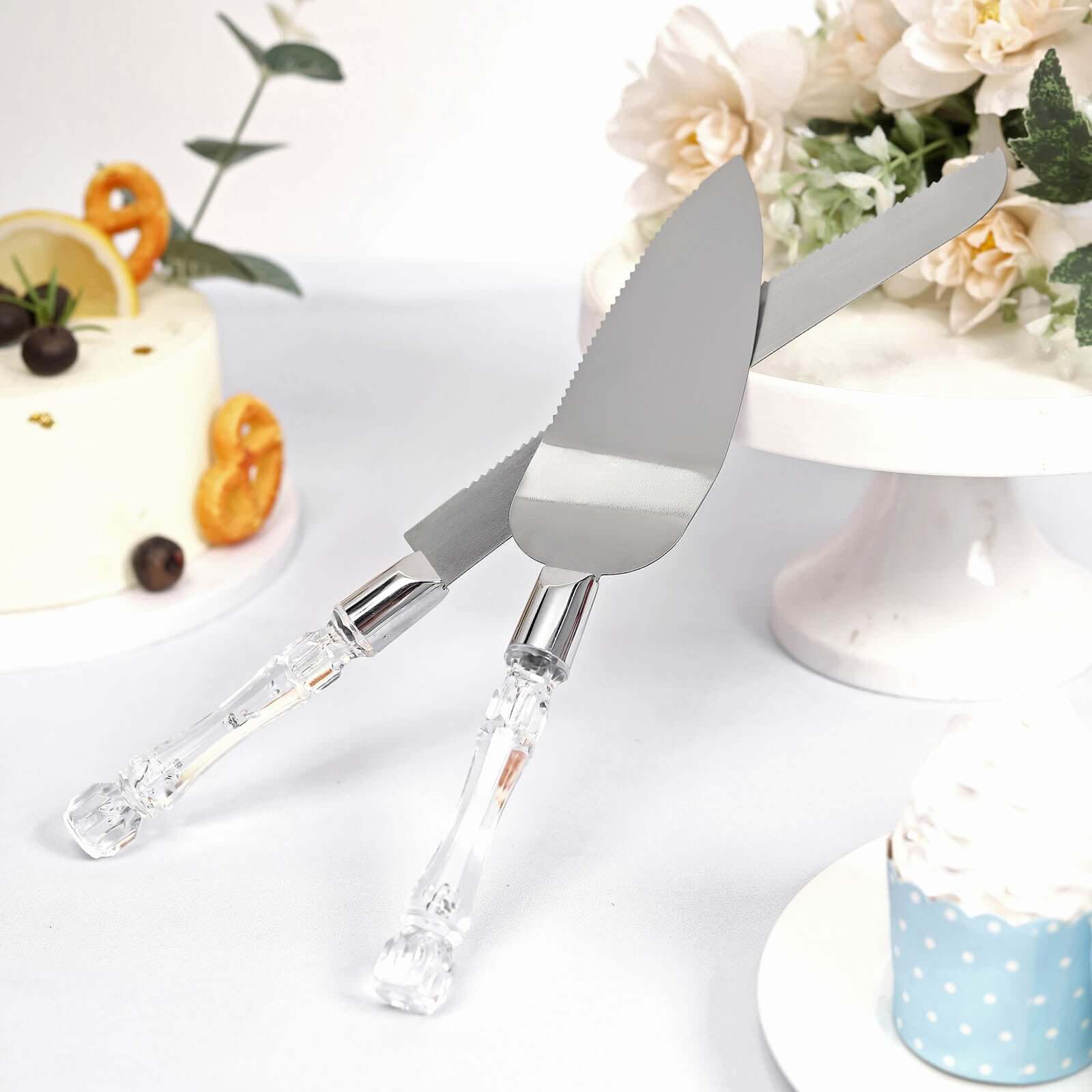 2 Set Knife and Server Stainless Steel with Clear Acrylic Handle - Party Favors with Gift Box 10" & 12"