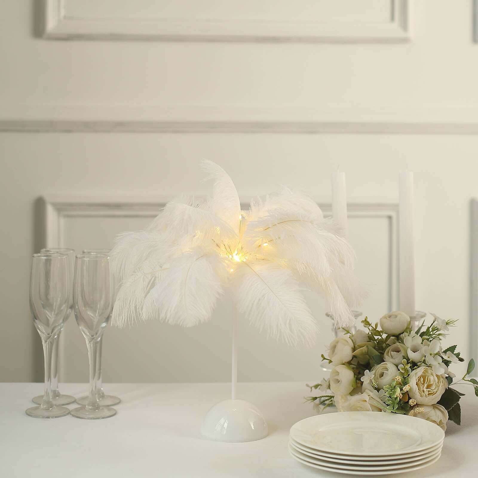 Table Lamp Ostrich Feather Design White LED Battery Operated - Cordless Wedding Centerpiece 15"