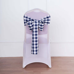 5 Pack Polyester Chair Sashes Navy Blue/White Buffalo Plaid - Durable & Reusable Chair Bows 6"x108"