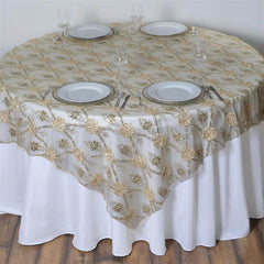 Lace 72"x72" Table Overlay Square Tablecloth Champagne - Satin Sequin Floral Embroidered Design for Special Events