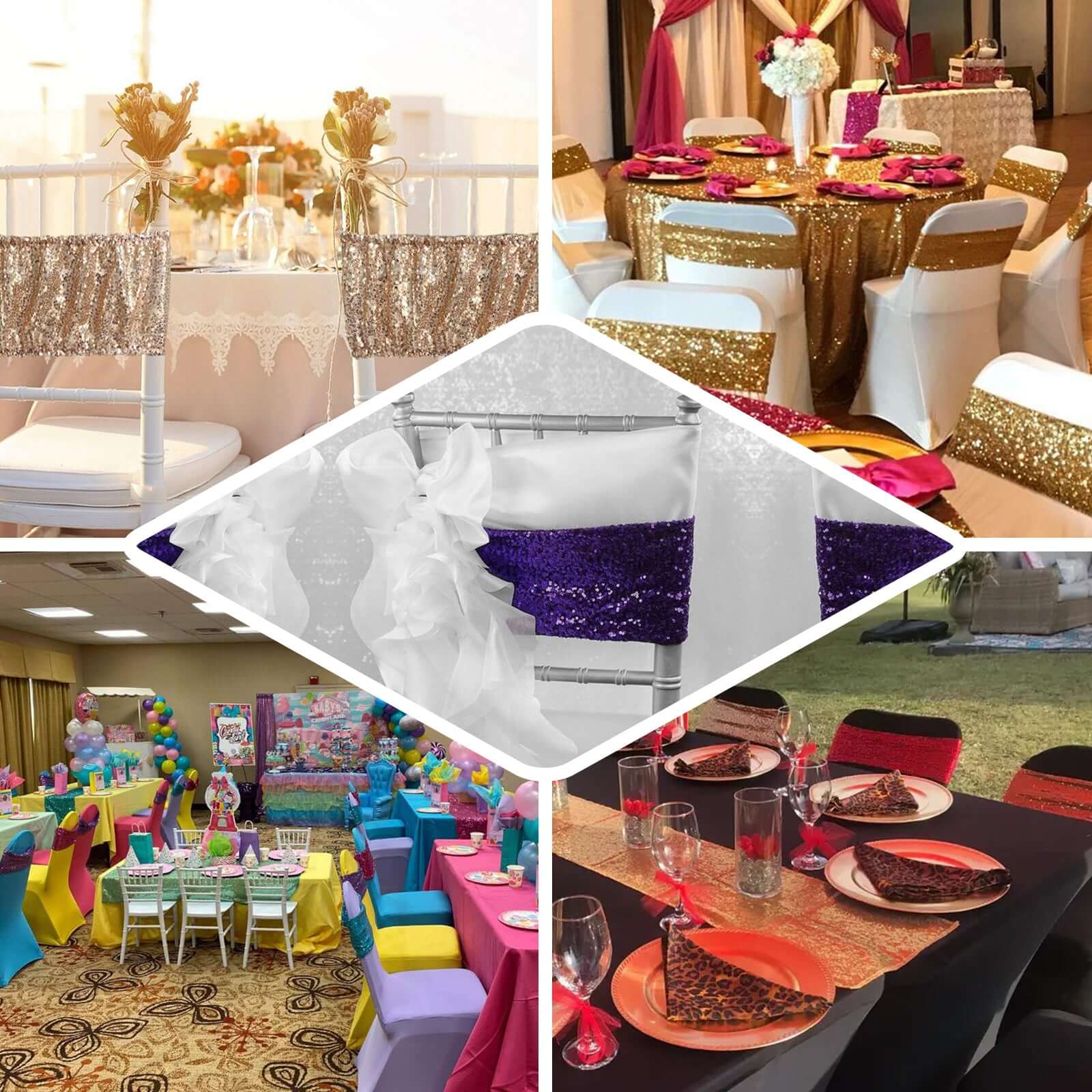 5 Pack Sequin Spandex Chair Sashes Champagne - Stretch Chair Bands 6"x15"