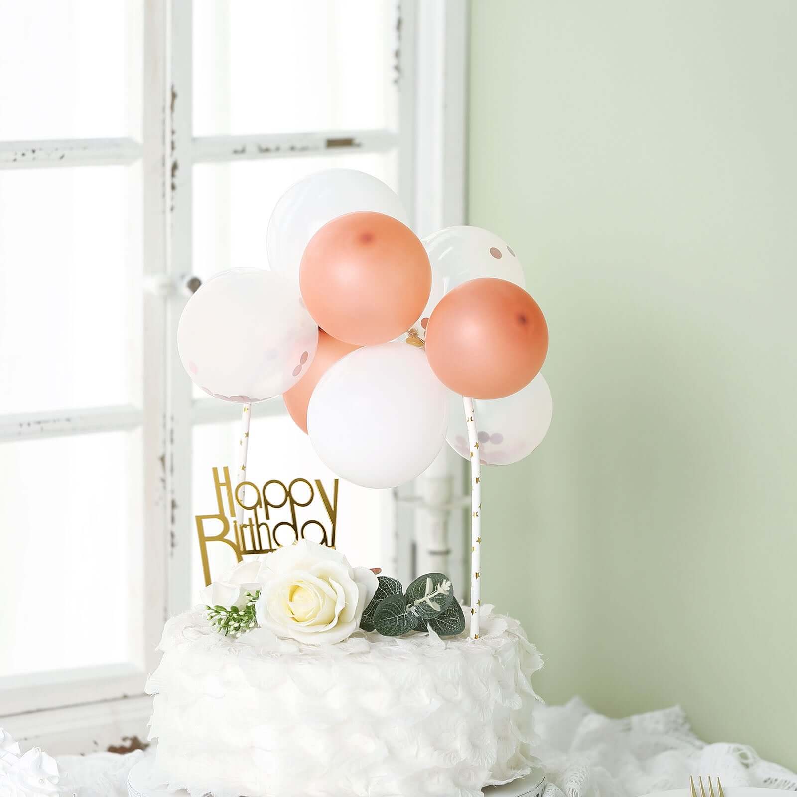 11 Pcs Balloon Cake Topper Clear, Rose Gold and White - Whimsical Clustered Mini Garland Cake Inserts DIY Party Decorations