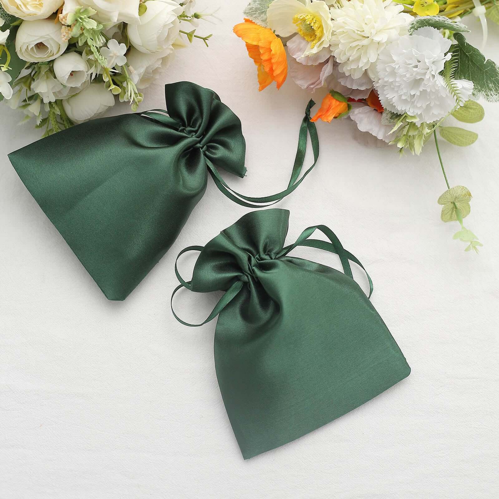 12 Pack 5"x7" Hunter Emerald Green Satin Wedding Party Favor Bags, Drawstring Pouch Gift Bags