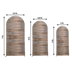 Set of 3 Brown Rustic Wood Plank Pattern Spandex Fitted Chiara Backdrop Stand Cover For Round Top Wedding Arch - 5ft, 6ft, 7ft