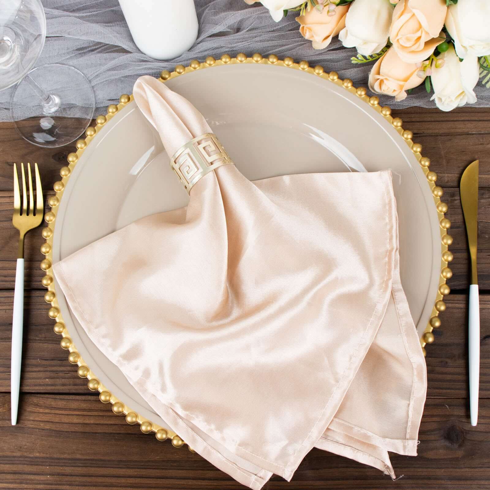 6-Pack Acrylic Round Charger Plates 13" in Taupe with Gold Beaded Rim, Decorative Dinner Party Charger Tableware