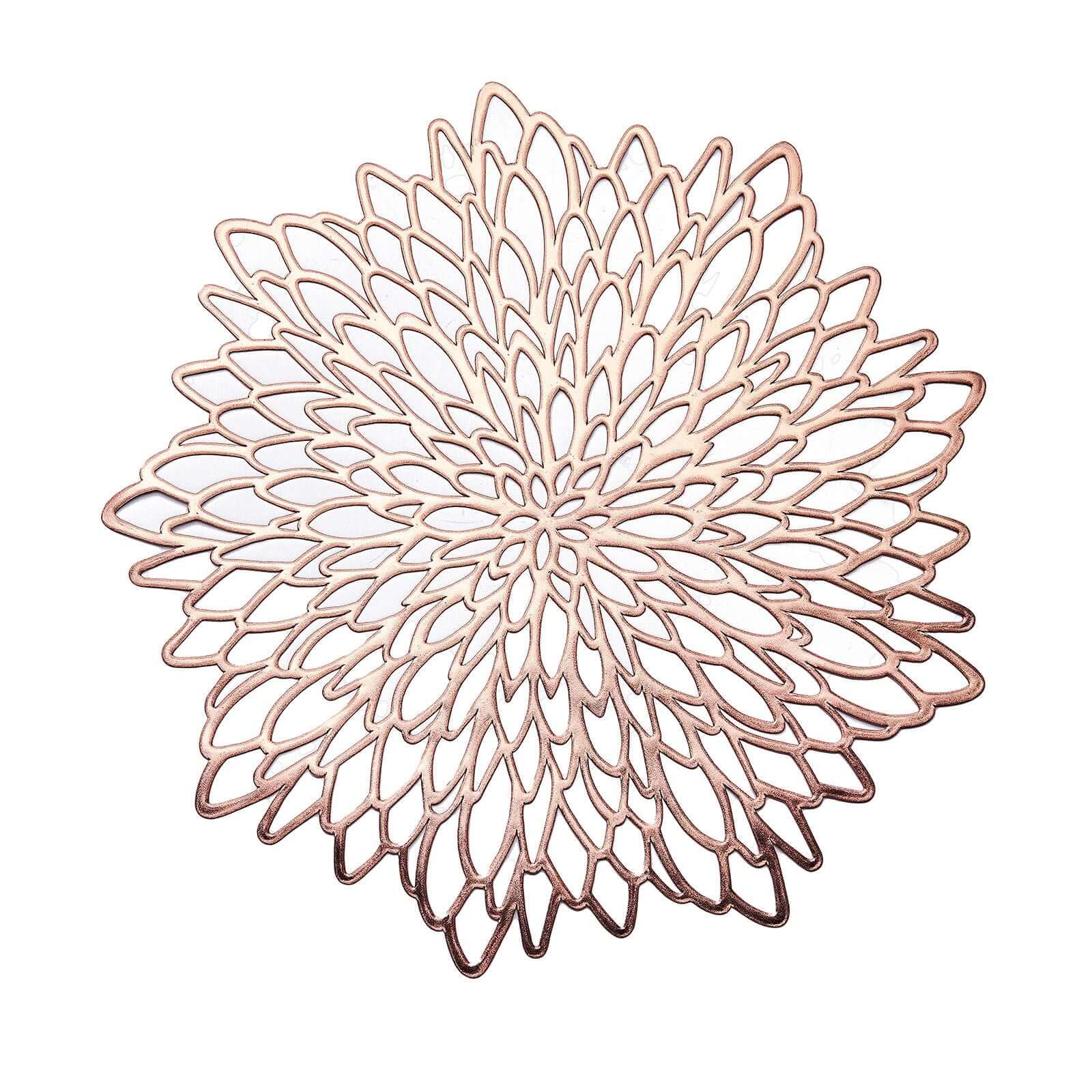 6-Pack Dining Table Mats Floral Design Rose Gold - Metallic Vinyl Round Non-Slip Mats for Tables 15"