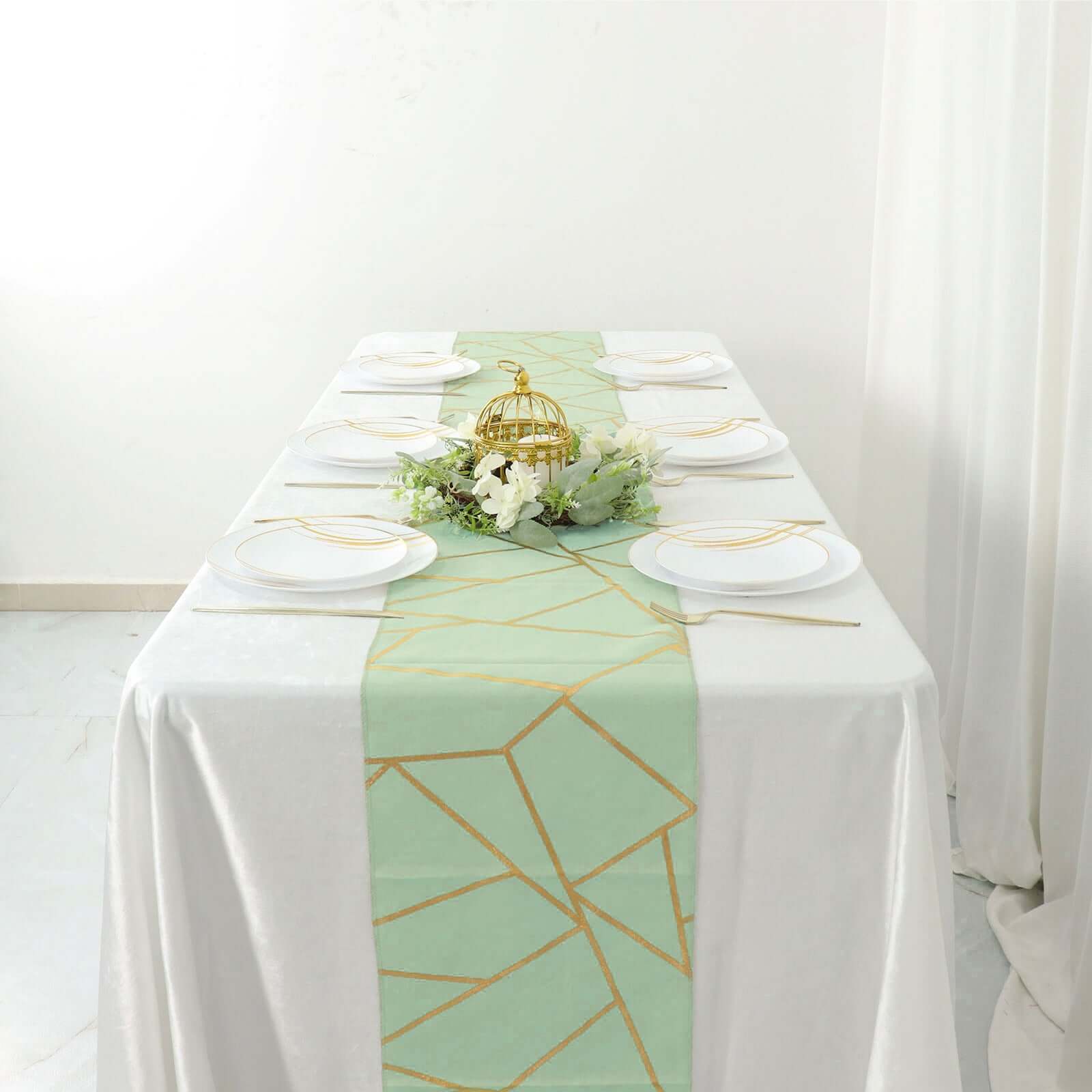 Polyester 9ft Table Runner Sage Green with Gold Foil Modern Geometric Accent