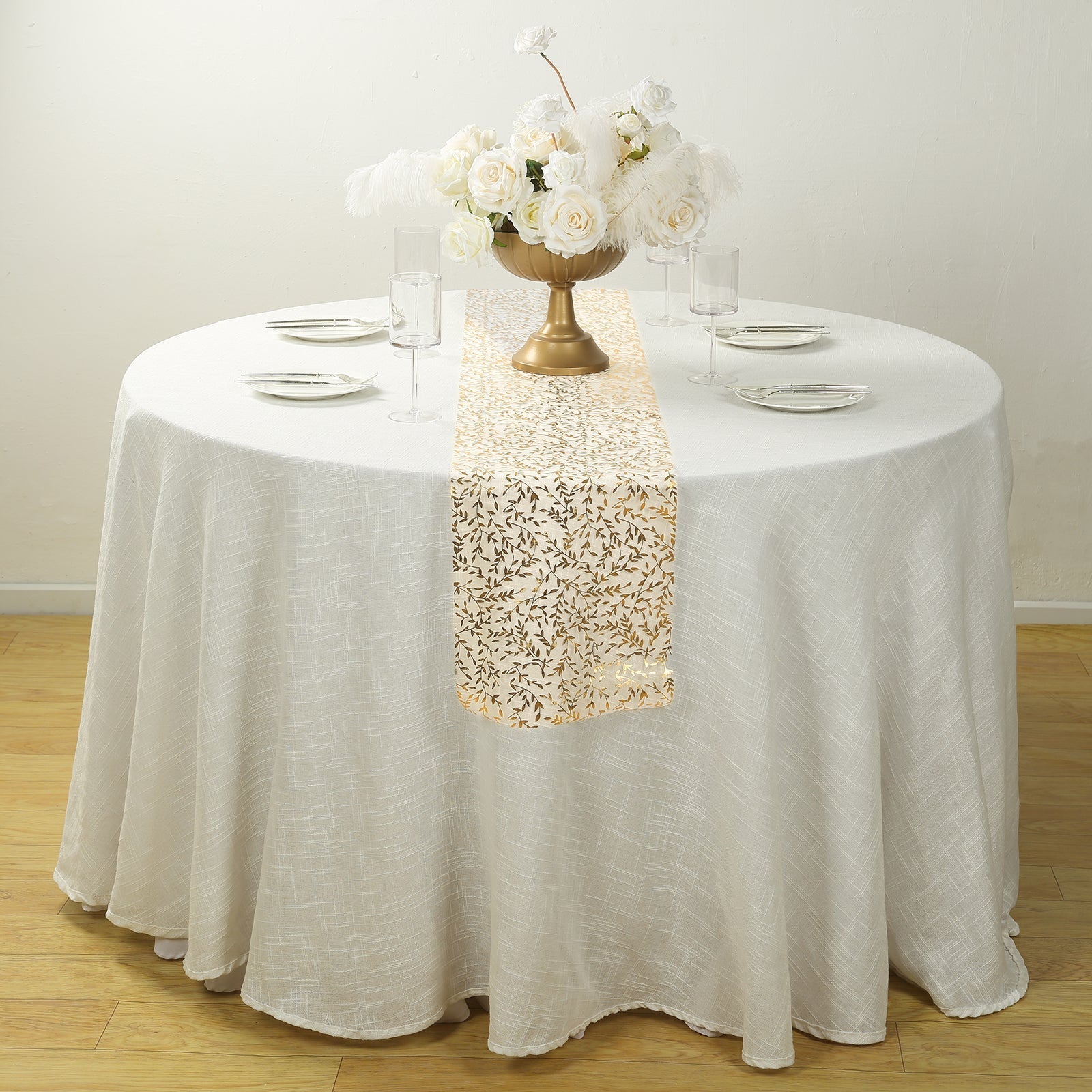 5 Pack Organza Mesh 11"x108" Table Runner Rolls White with Gold Foil Leaf Vines - Disposable Stylish & Chic Table Decor