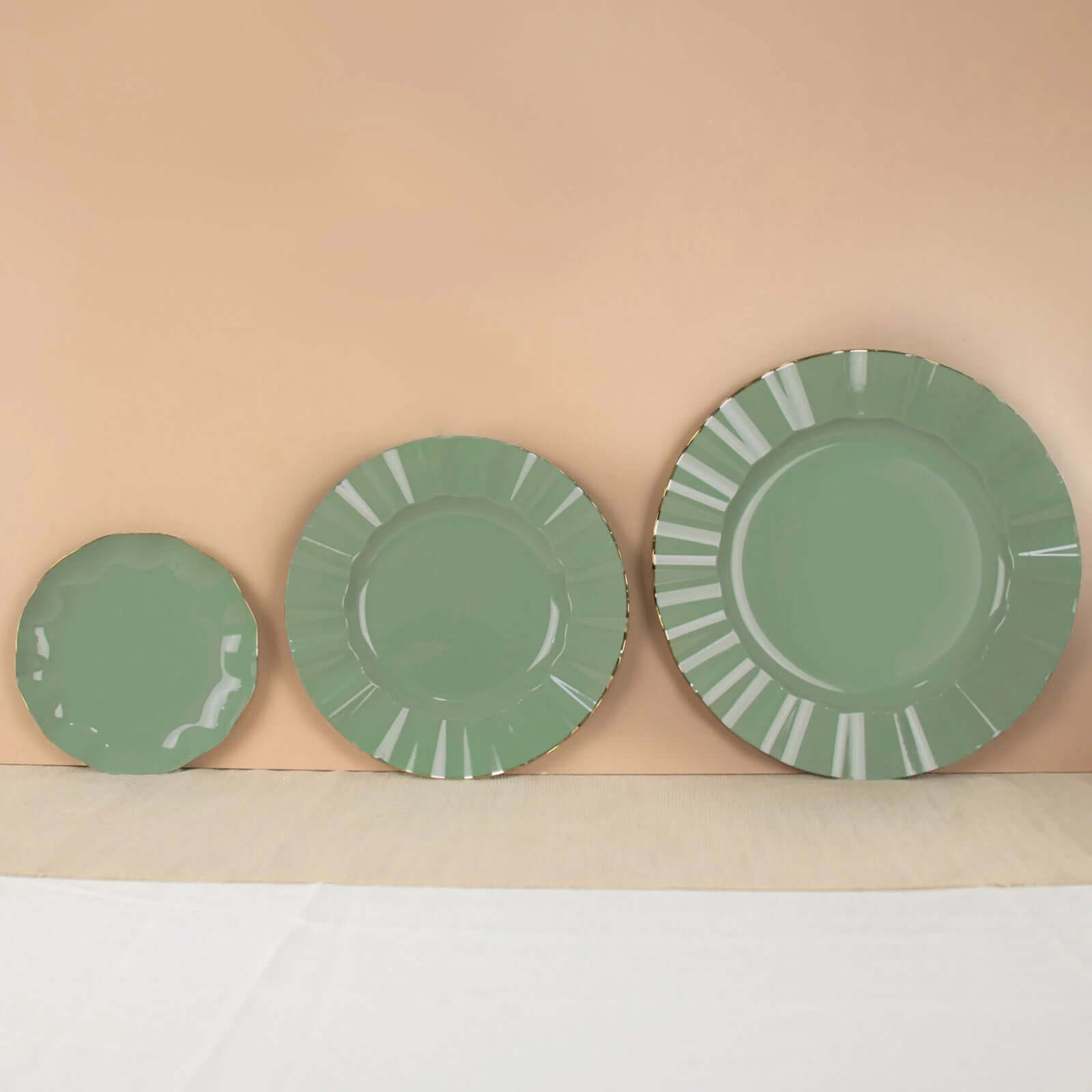 10-Pack Plastic Round 6" Dessert Plates in Dusty Sage Green Ruffled Rim with Gold Edging - Sturdy Disposable Salad Appetizer Dinnerware