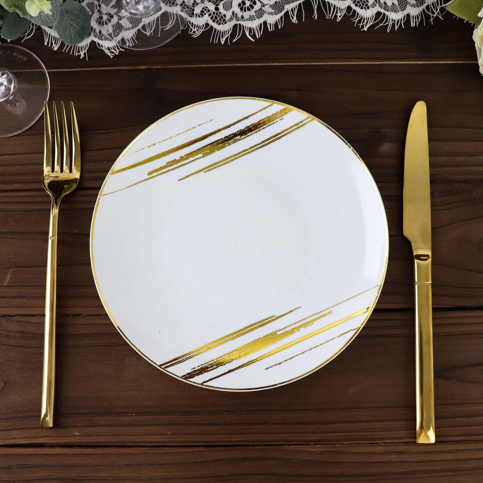 10-Pack Plastic 7" Round Dessert Plates in White with Gold Brush Stroked Print - Disposable Appetizer Salad Plates
