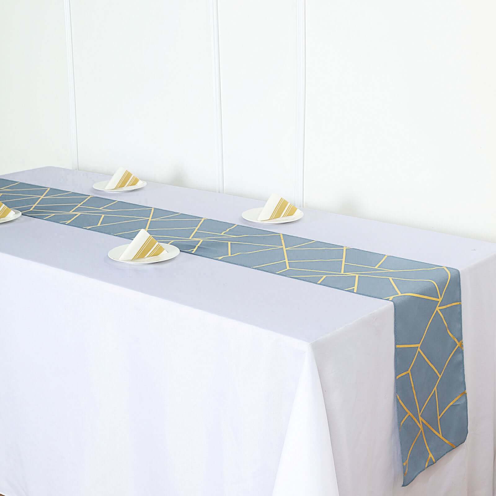 Polyester 9ft Table Runner Dusty Blue with Gold Foil Modern Geometric Accent