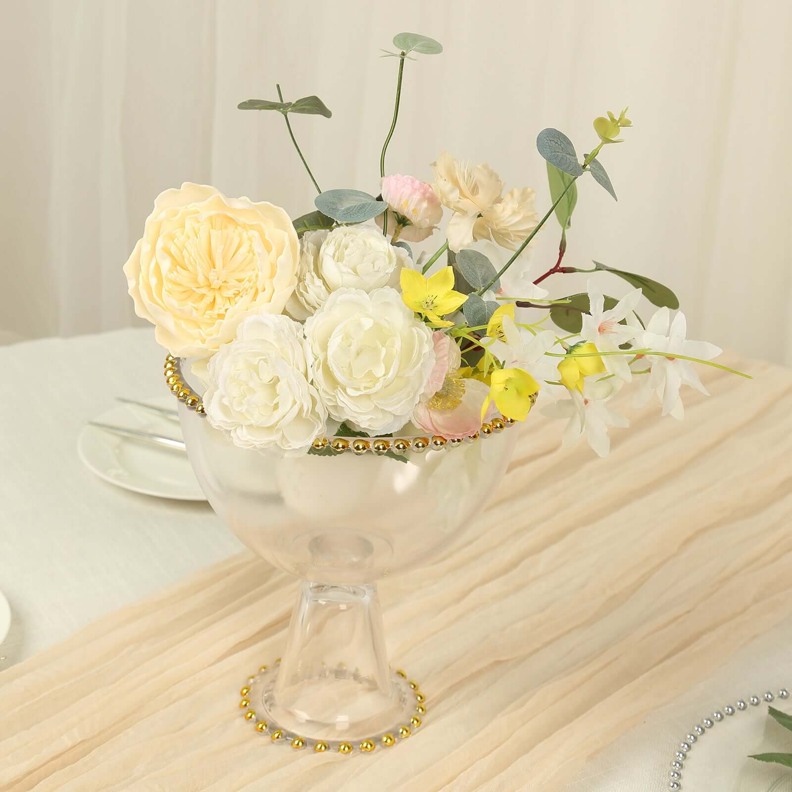 Compote Pedestal Bowl Glass Flower Vase Clear with Gold Beaded Rim - Footed Candy Trifle Bowl for Displays 8"