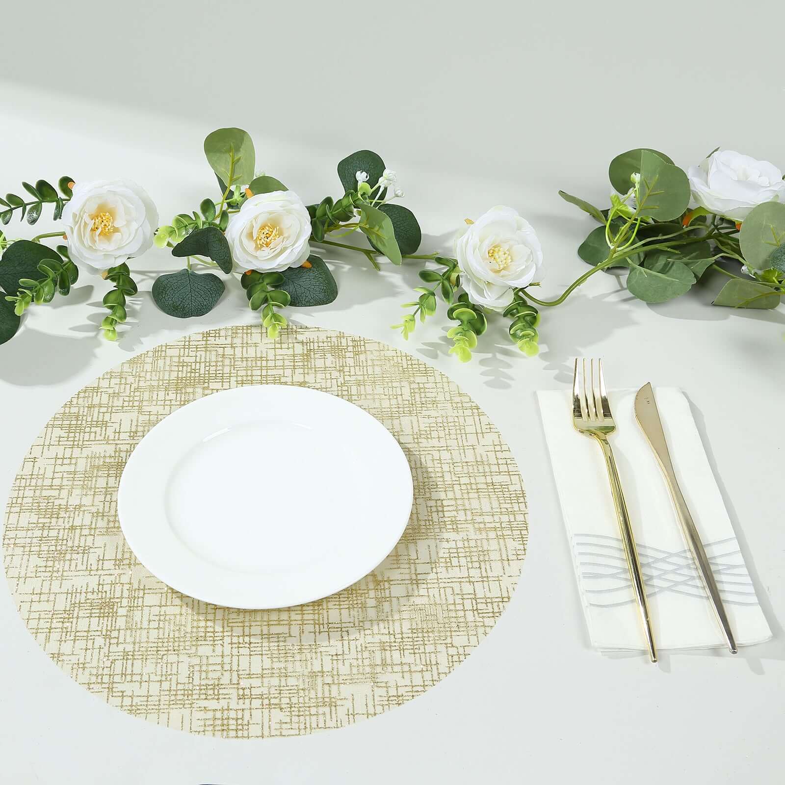 10-Pack Table Placemats Glitter Design Metallic Gold Round - Mesh Polyester Disposable Mats 13"