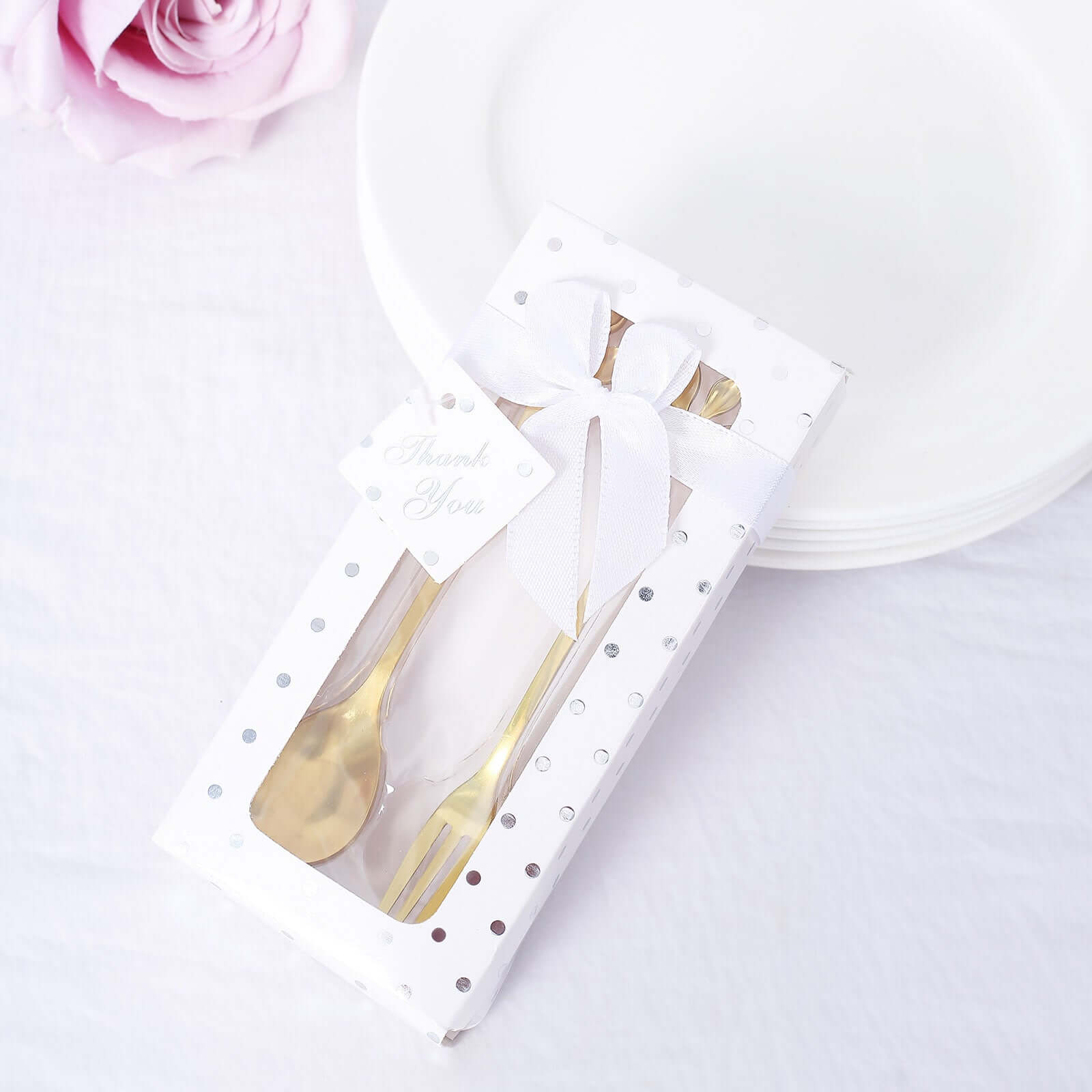 Gold Metal Spoon & Fork Pre-Packed Wedding Party Favors Set With Leaf Shaped Handle, Bridal Shower Souvenir Gift Box - 5"
