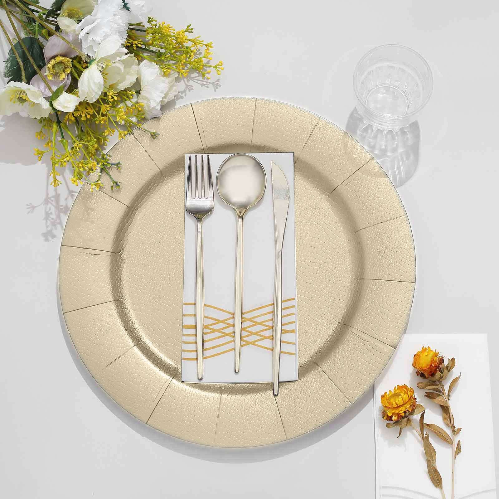 10-Pack Disposable Round Charger Plates in Champagne with Leathery Texture - Durable 1100GSM Cardboard Placemats 13"