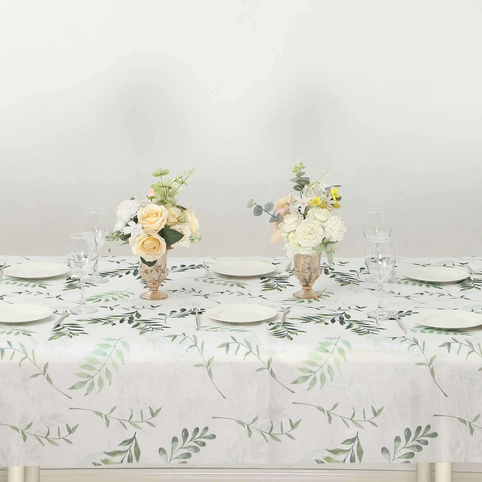 Non-Woven Tablecloth Rectangle White/Green with Olive Leaves Print - Perfect Disposable Table Cover for Summer 60"x102"