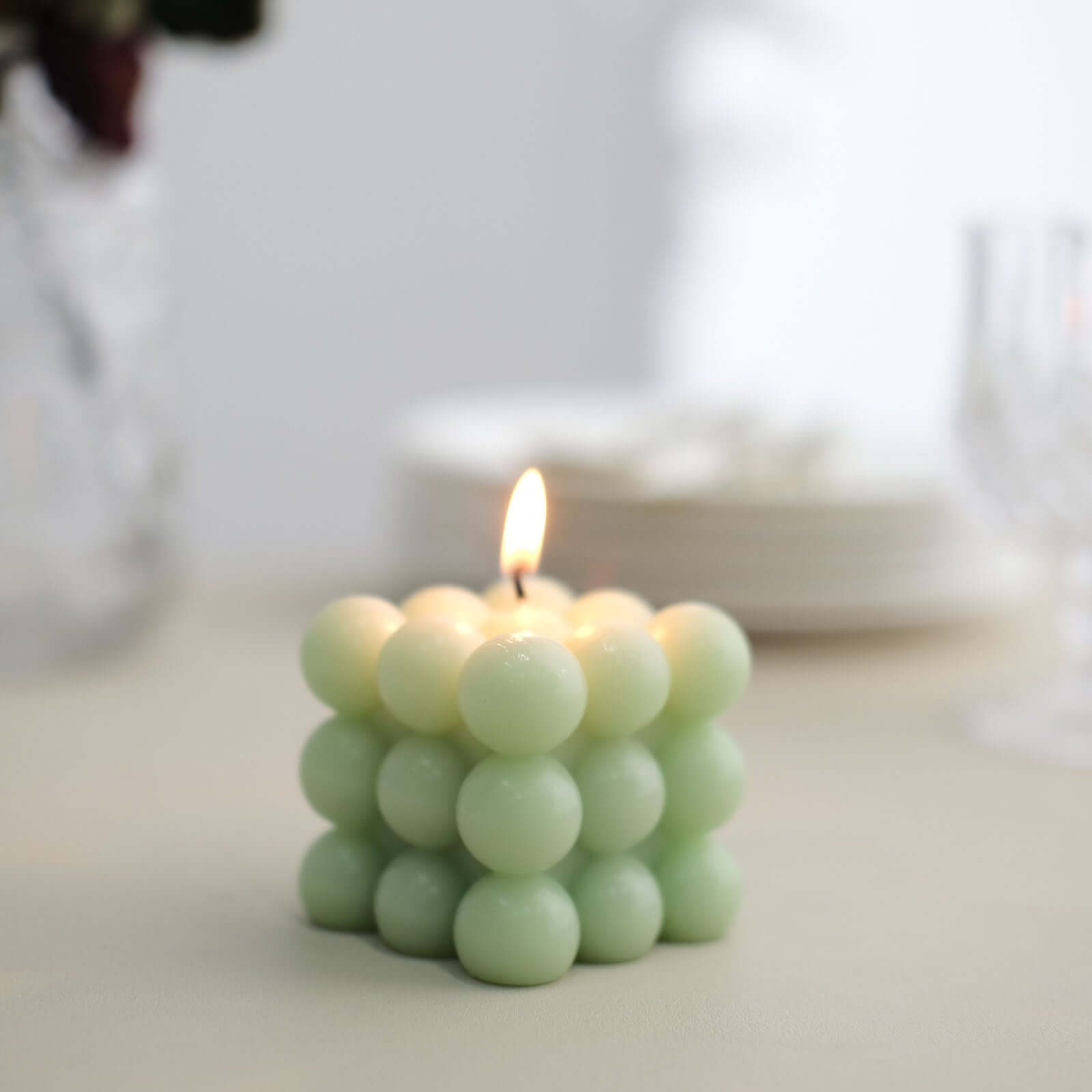 2-Pack Decorative Paraffin Wax Candles Bubble Cube Design Sage Green - Unscented Long Burning Pillar Candle Set 2"