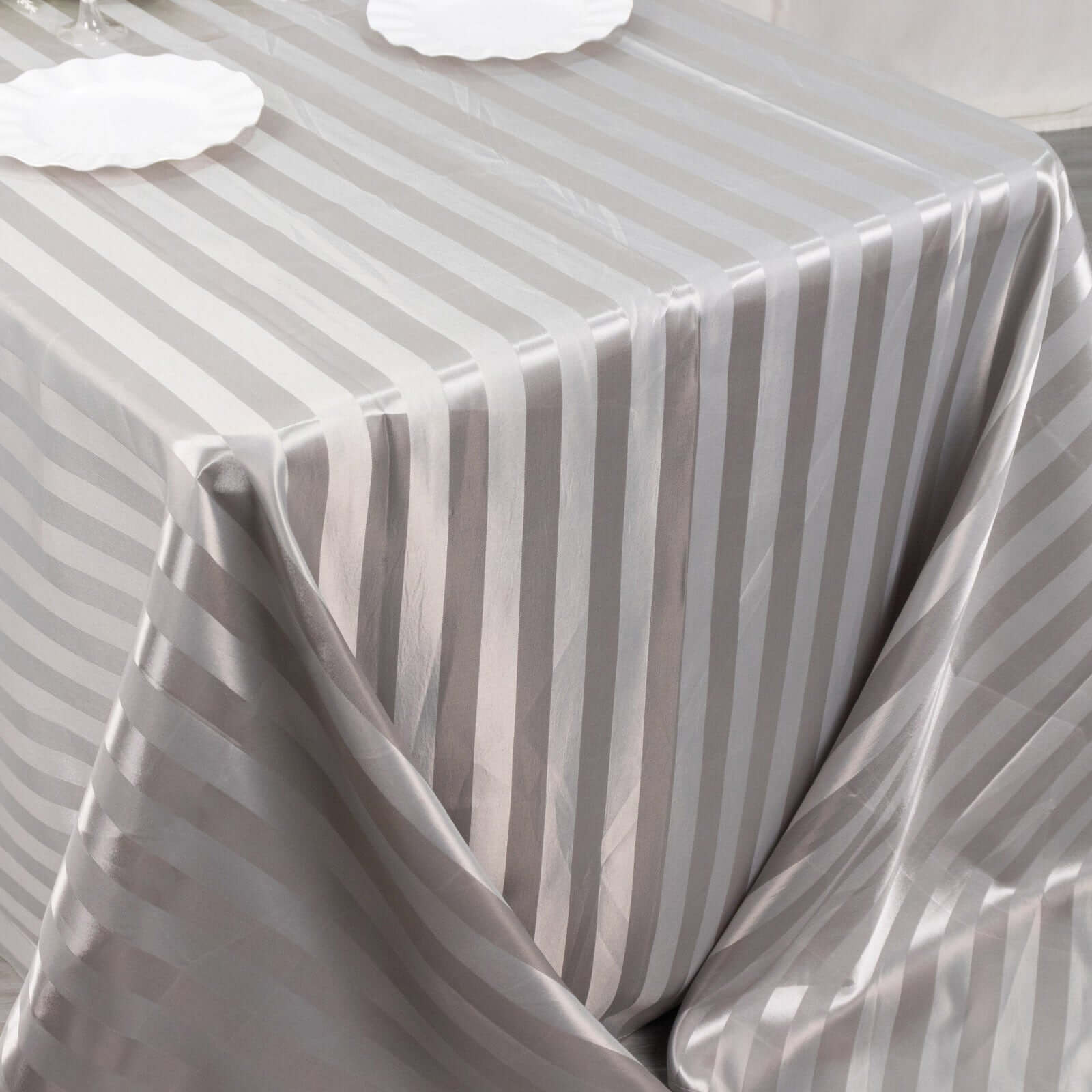 Satin Striped 90"x132" Rectangular Tablecloth Silver - Seamless Silky Smooth Table Cover