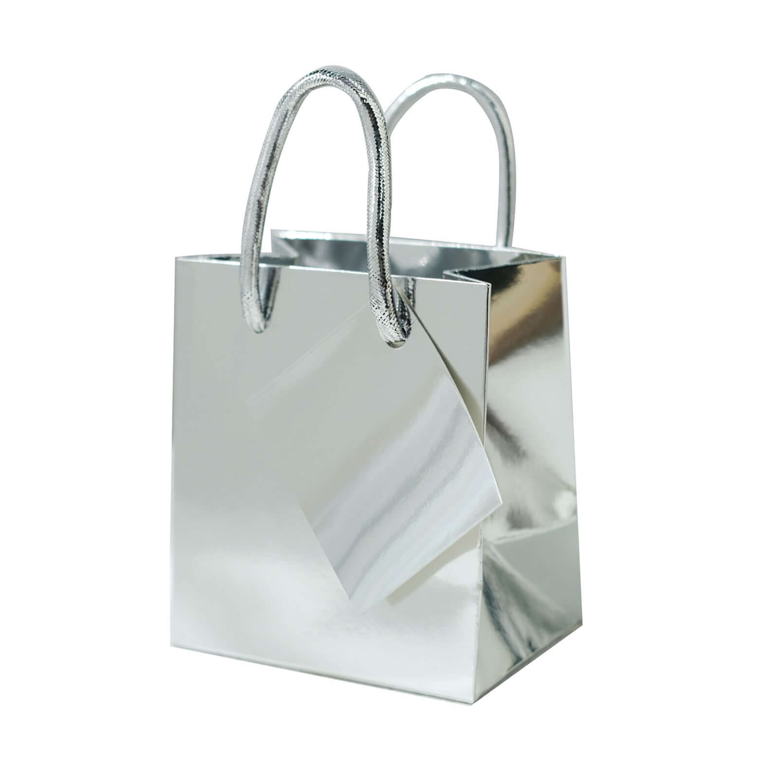12 Pack 5" Shiny Metallic Silver Foil Paper Party Favor Bags With Handles, Small Gift Wrap Goodie Bags