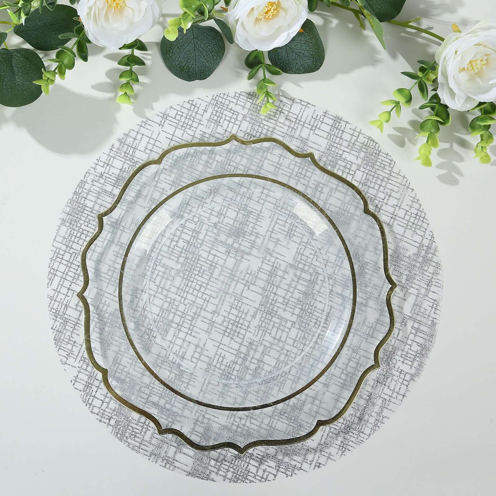 10-Pack Table Placemats Glitter Design Metallic Silver Round - Mesh Polyester Disposable Mats 13"