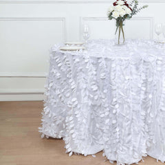 Taffeta 132" Round Tablecloth White 3D Leaf Petal Design Seamless Table Cover for Chic Wedding & Event Decor