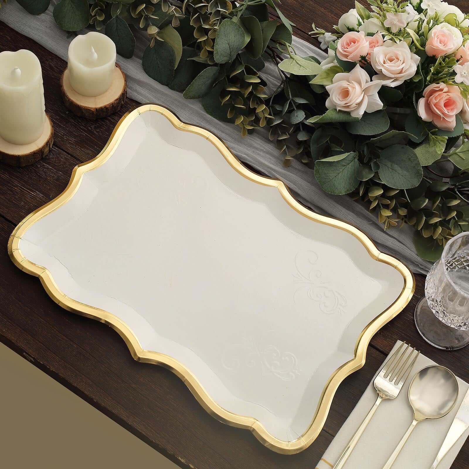 10-Pack Paper 14"x10" Rectangle Serving Trays White with Gold Rim for Weddings & Parties