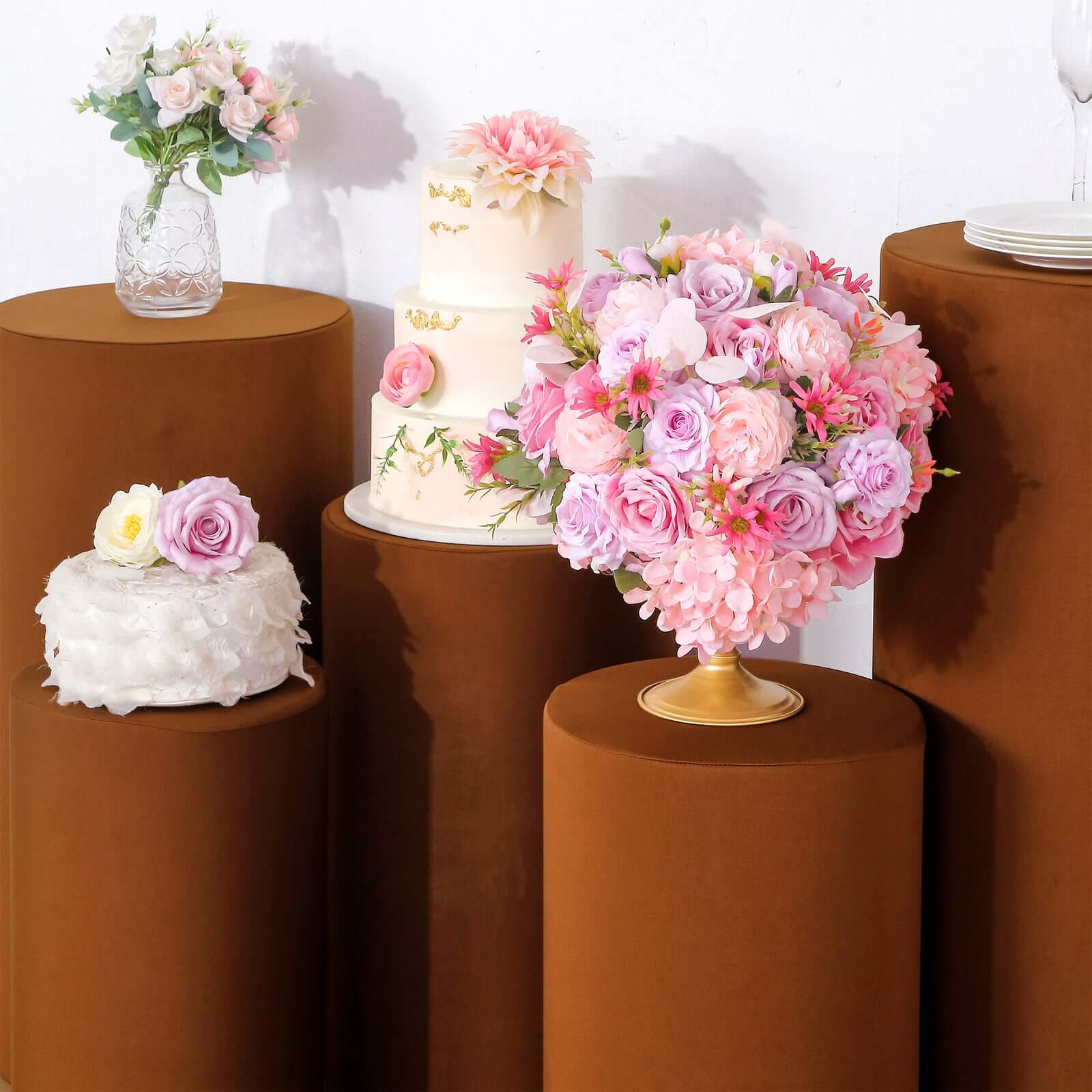 Set of 5 Cinnamon Brown Spandex Cylinder Pedestal Stand Covers, Stretchable Pillar Prop Covers - 160 GSM