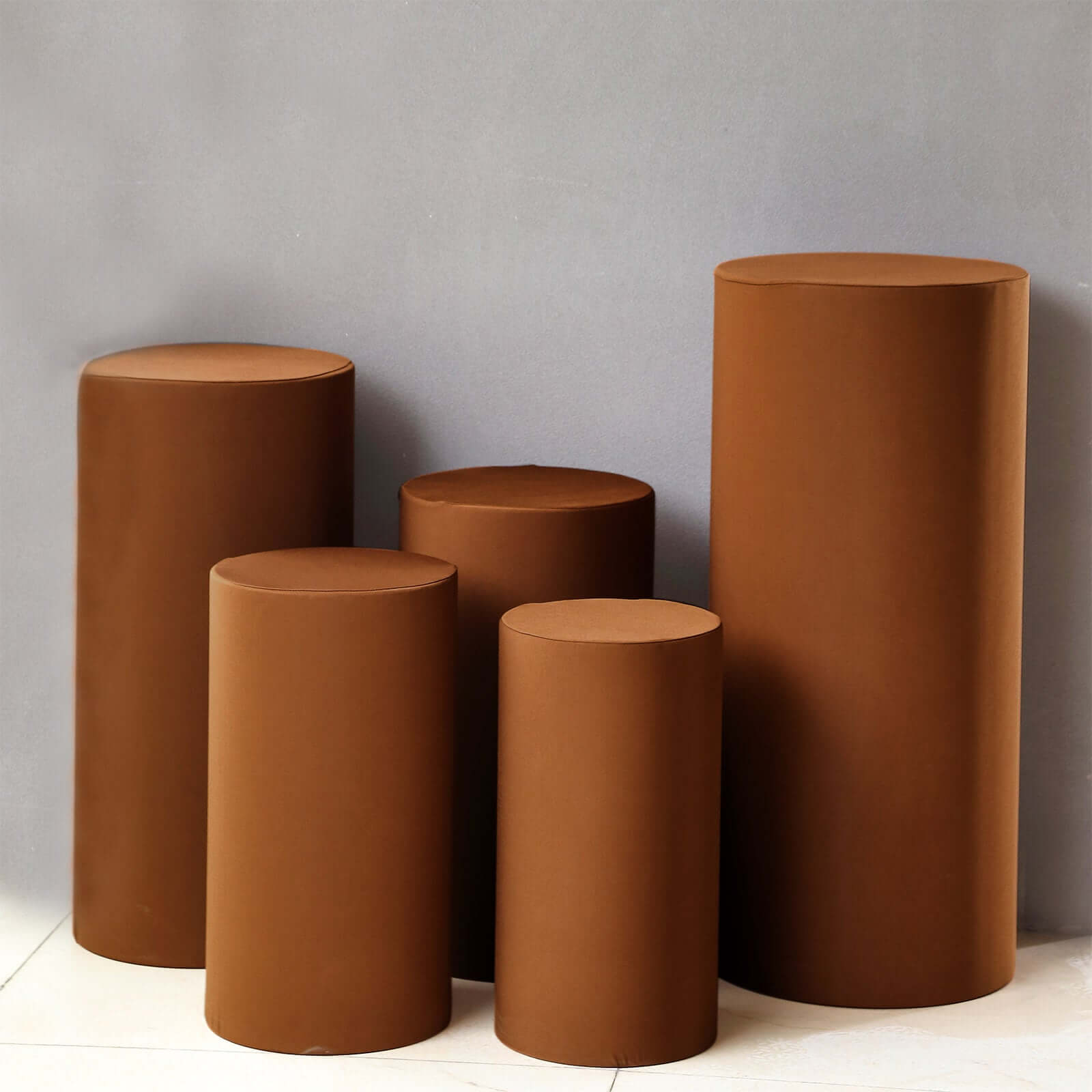 Set of 5 Cinnamon Brown Spandex Cylinder Pedestal Stand Covers, Stretchable Pillar Prop Covers - 160 GSM