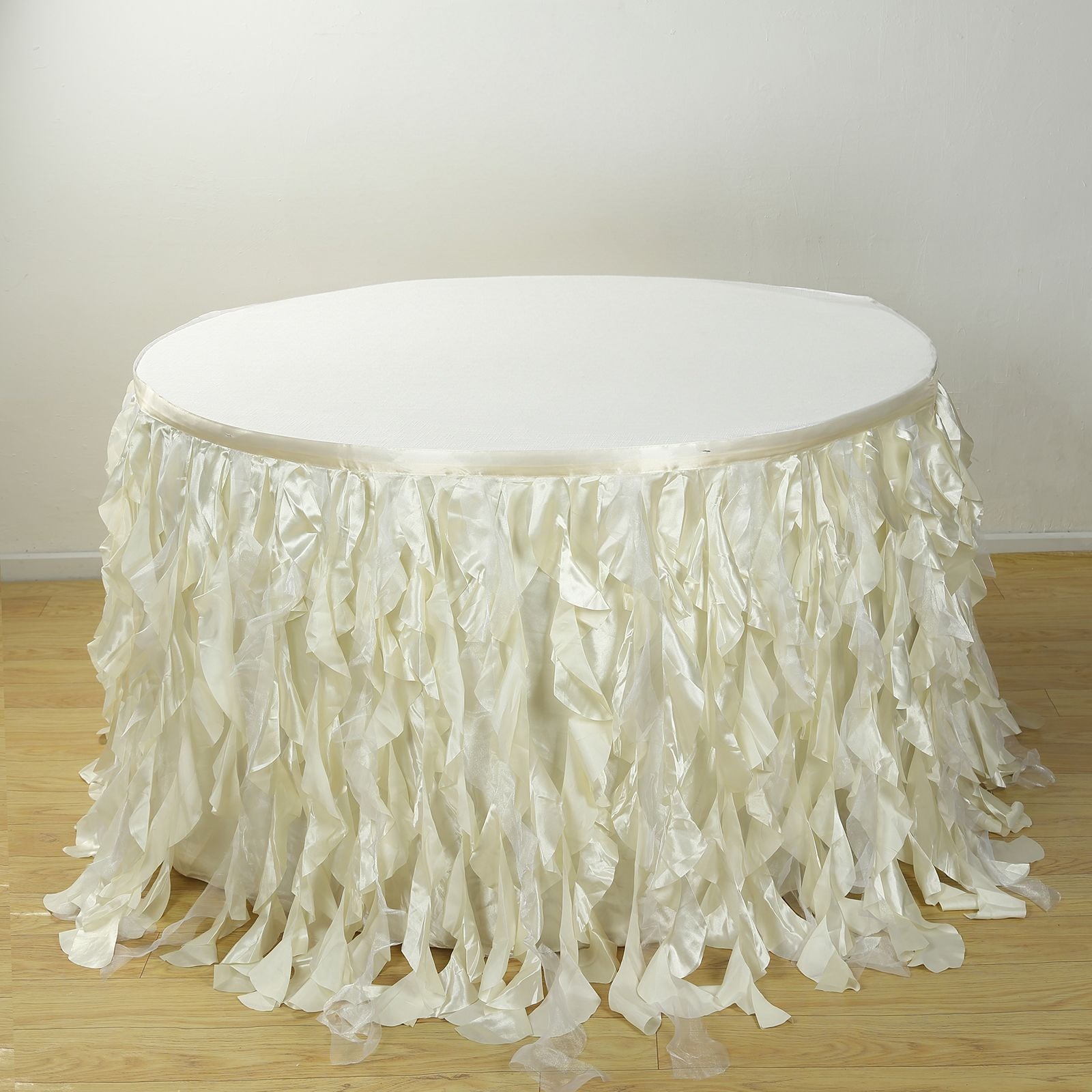 Taffeta 17ft Table Skirt Ivory - Cascading Curly Willow Style Table Cover