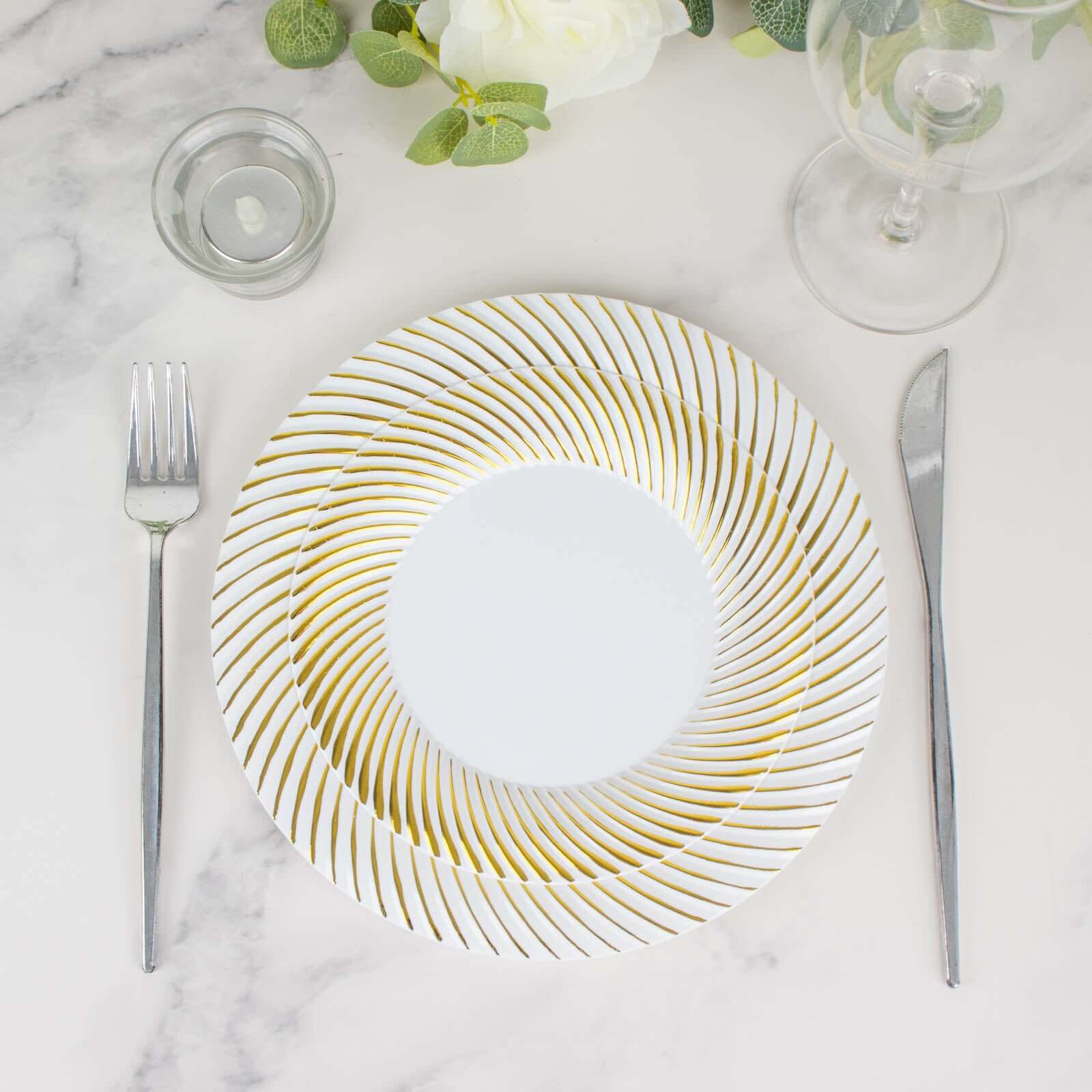 10-Pack Plastic 7" Round Dessert Plates in White with Gold Swirl Rim - Disposable Salad Plates for Classy Events & Banquets