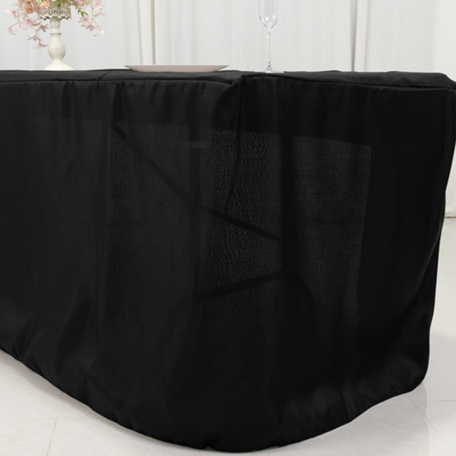 Fitted Polyester 96"x30" Rectangle Tablecloth Black with Open Back Design - Easy to Maintain and Wrinkle-Resistant Table Cover for Trade Shows & Displays