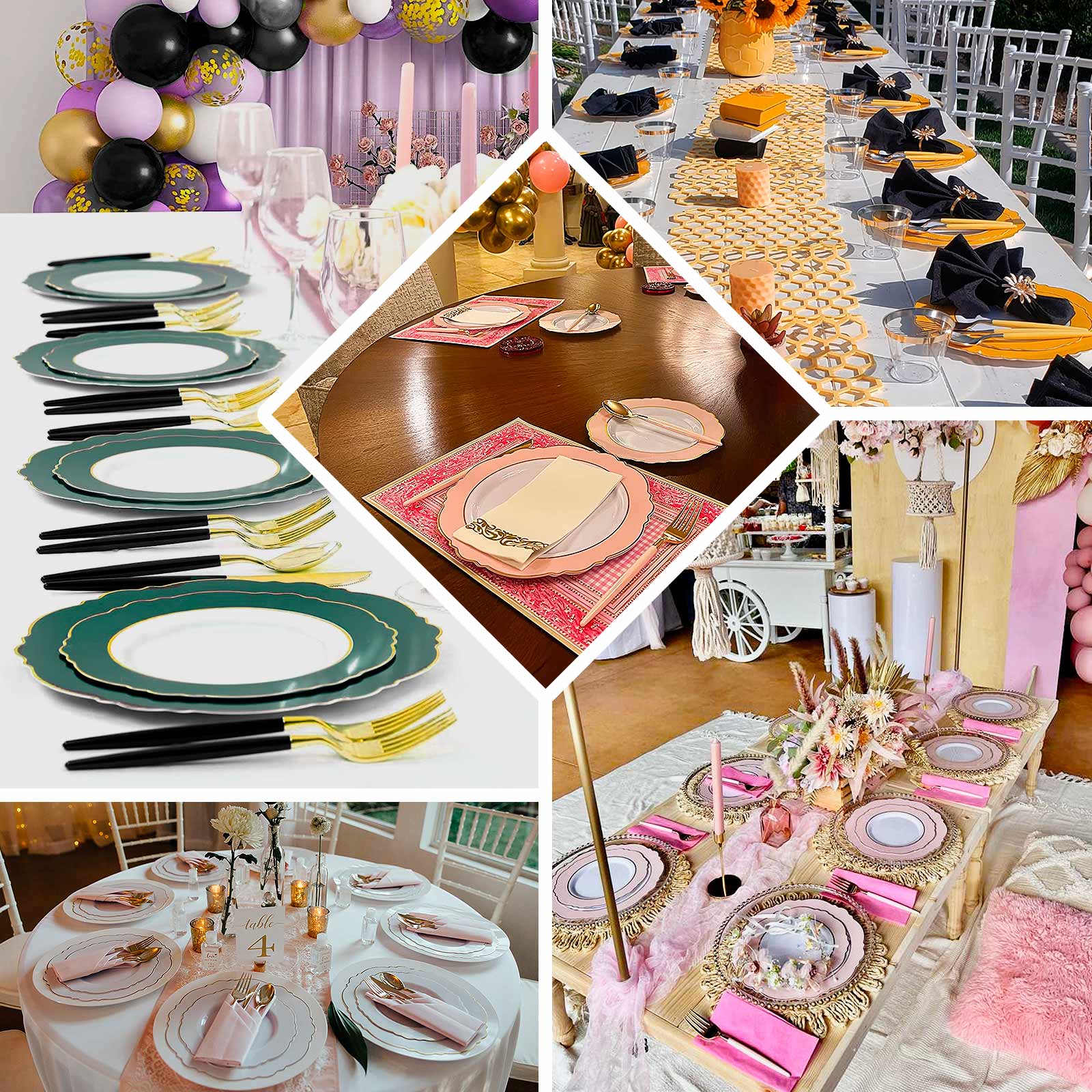 10-Pack Plastic 10" Round Dinner Plates in White with Blush Blossom Design & Gold Edging - Disposable Party Plates