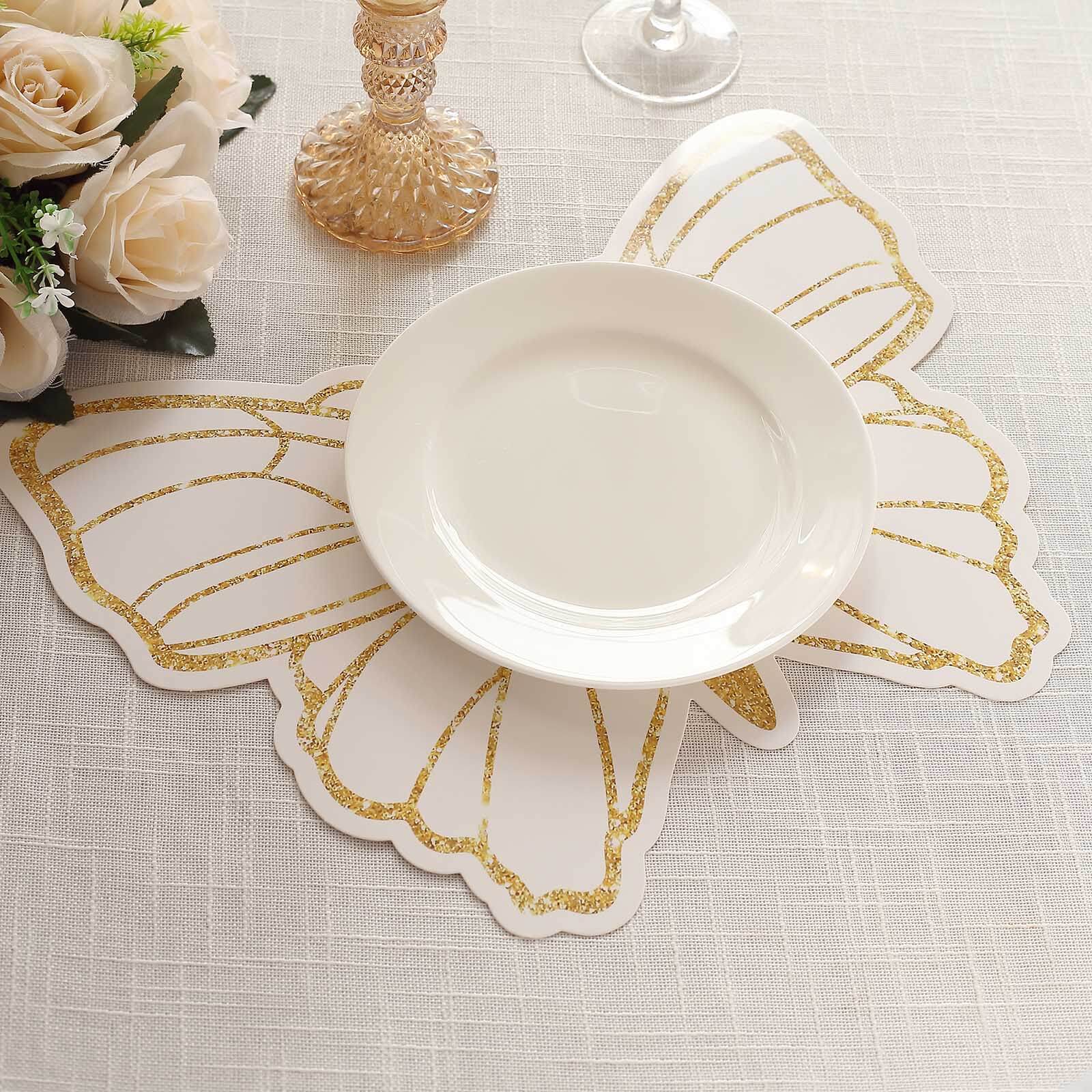 10-Pack Disposable Table Placemats with White Butterfly Design & Gold Glitters - 400GSM Cardboard Placemats for Kids' Parties, Baby Showers & Celebrations 14"