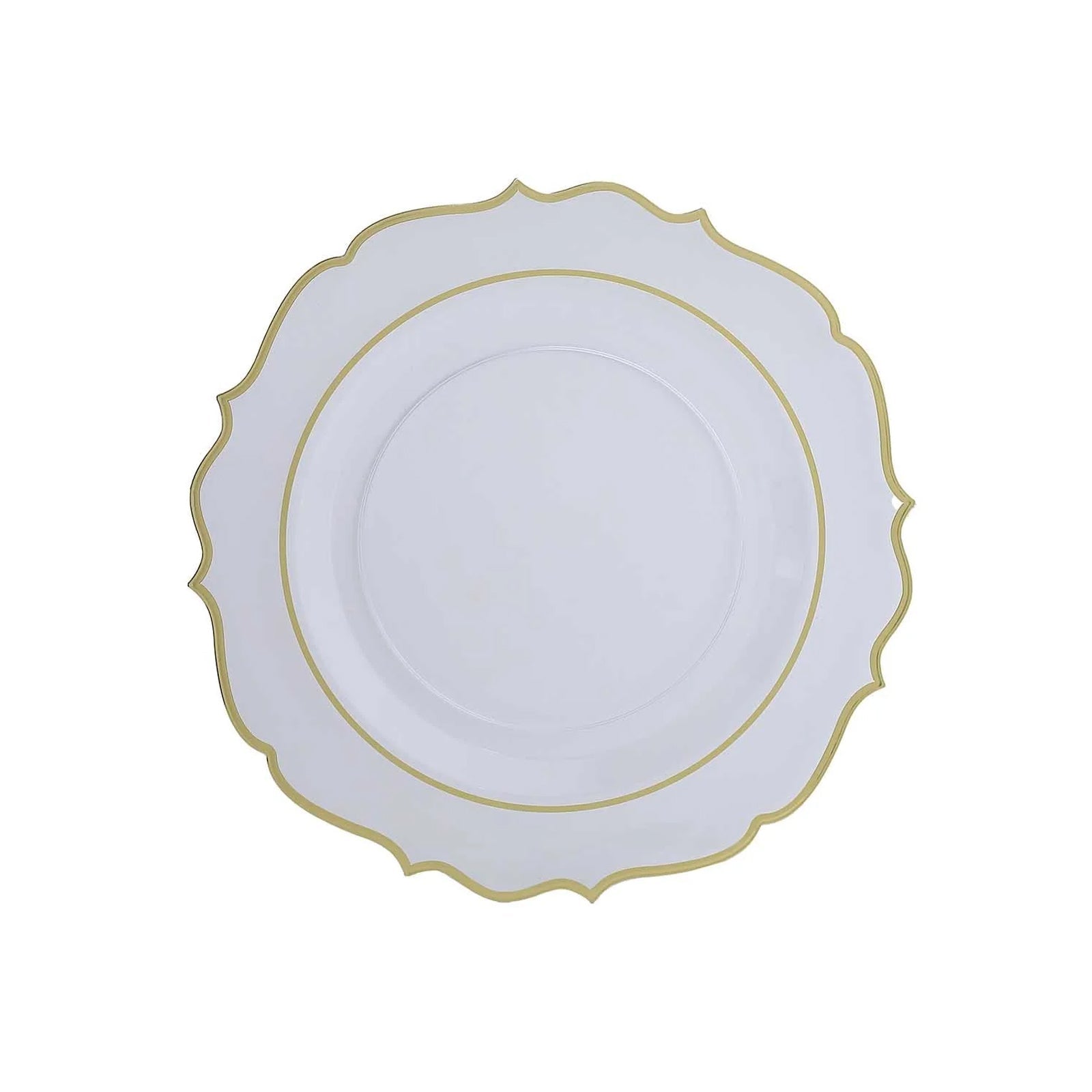 10-Pack Economy Plastic Round Charger Plates 13" in Clear with Gold Scalloped Rim, Decorative Dinner Party Serving Plates