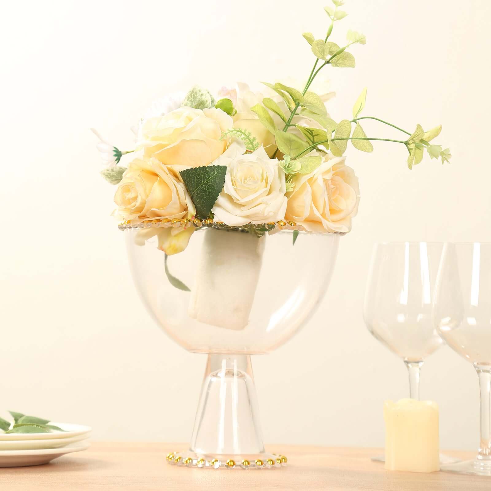 Compote Pedestal Bowl Glass Flower Vase Clear with Gold Beaded Rim - Footed Candy Trifle Bowl for Displays 8"