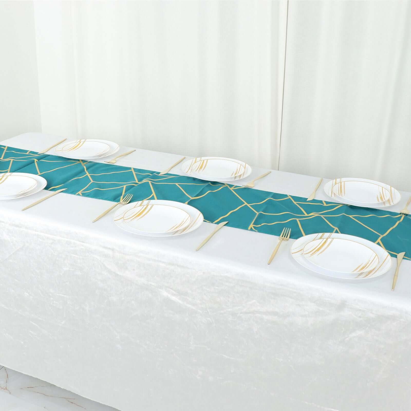 Polyester 9ft Table Runner Teal with Gold Foil Modern Geometric Accent