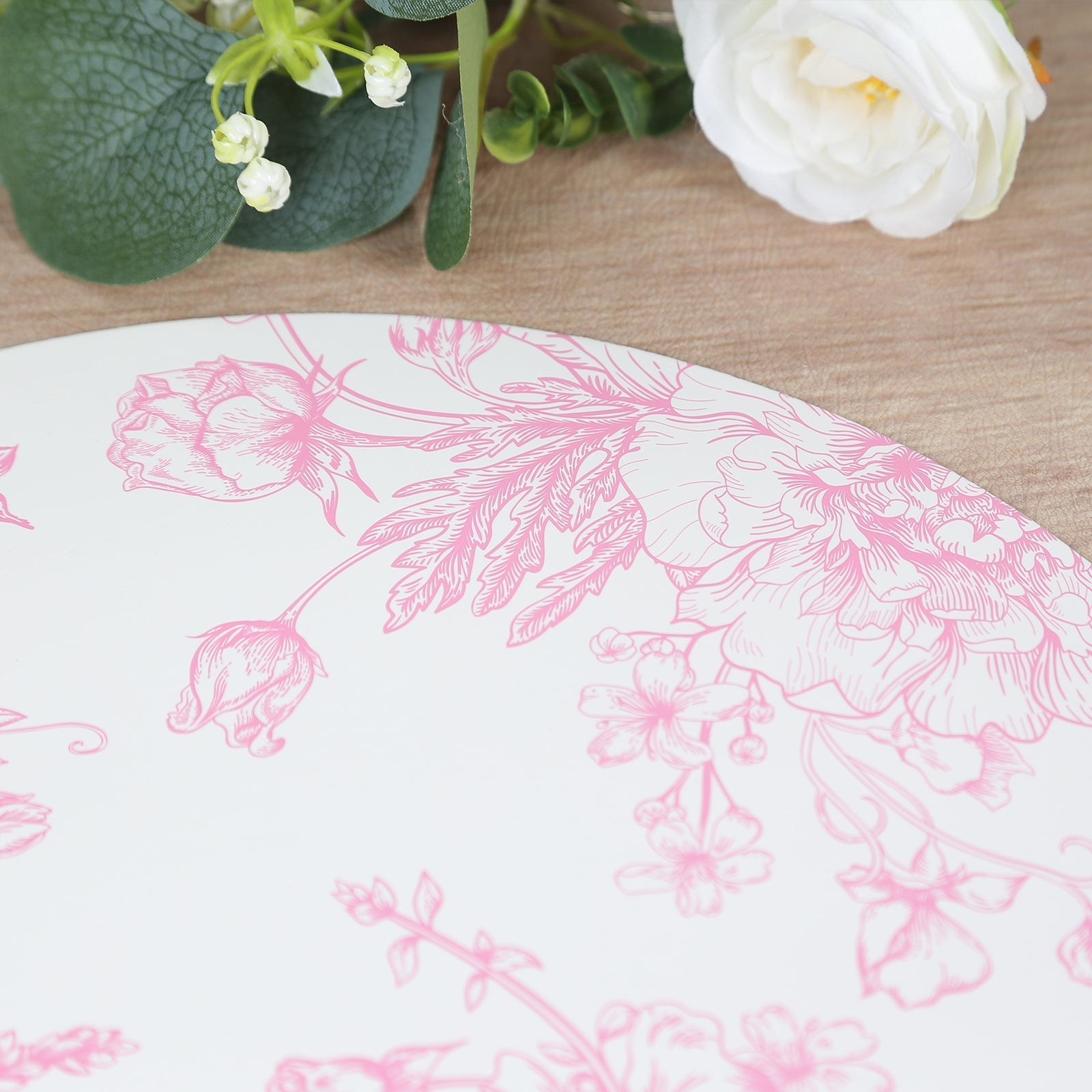 10-Pack Disposable Table Placemats in French Toile Print 13" in White/Matte Pink - Chic Floral Cardboard Placemats for Stylish Table Setting